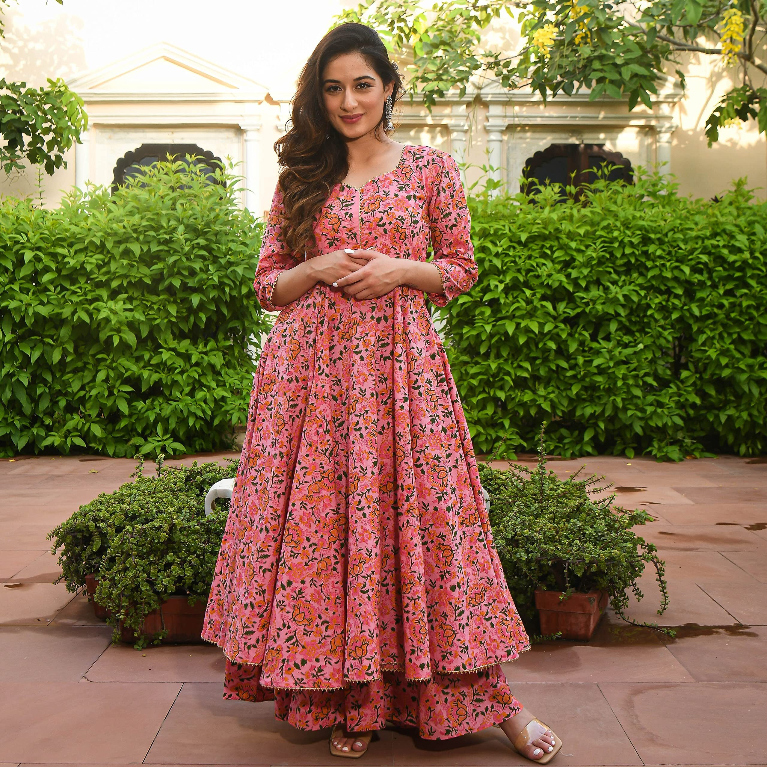 Arayna Women's Cotton Printed Anarkali Kurti With Palazzo Pants Set, Floral (Small)