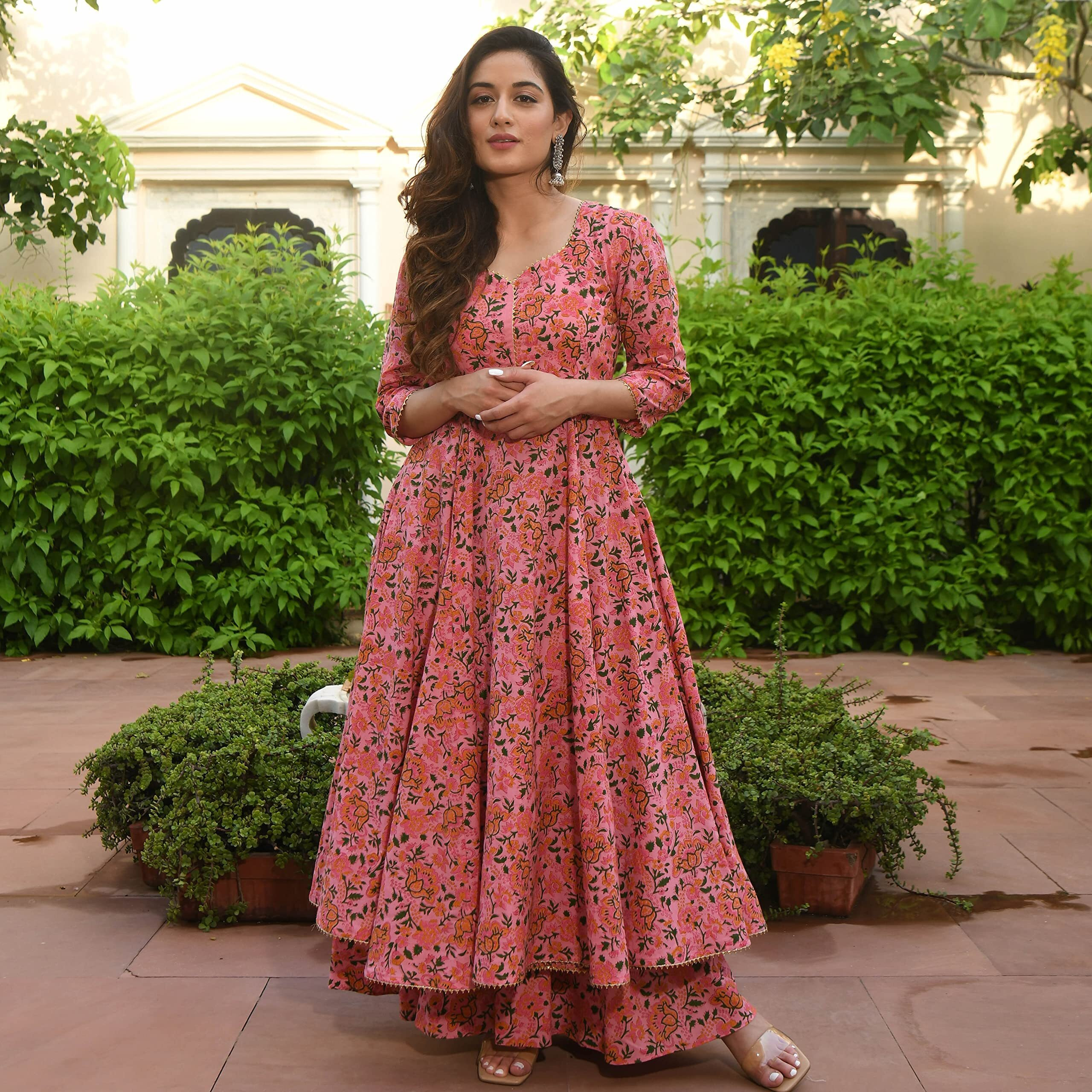Arayna Women's Cotton Printed Anarkali Kurti With Palazzo Pants Set, Floral (Small)