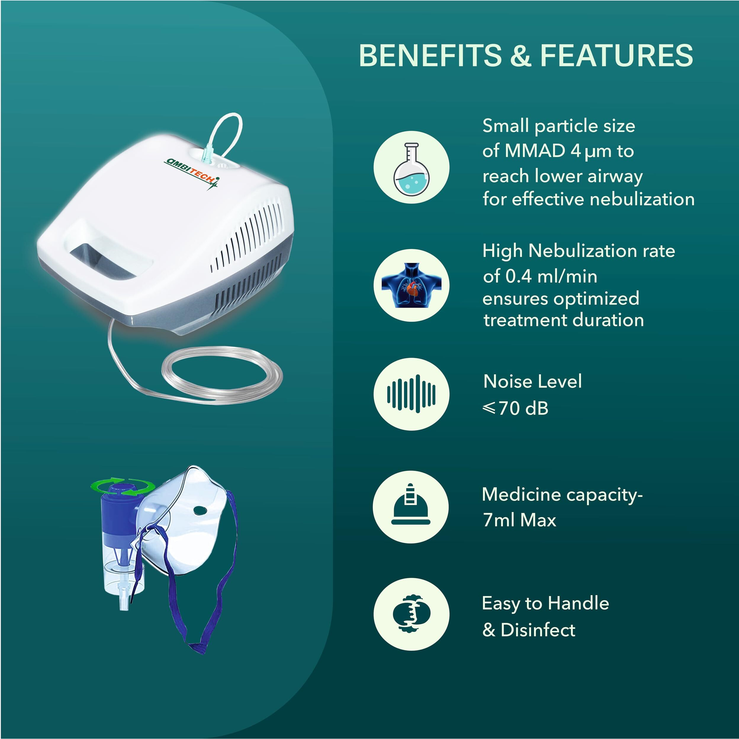 Ambitech Easy Nebulizer Machine With 2 Year Replacement Warranty For Adults & Kids, White