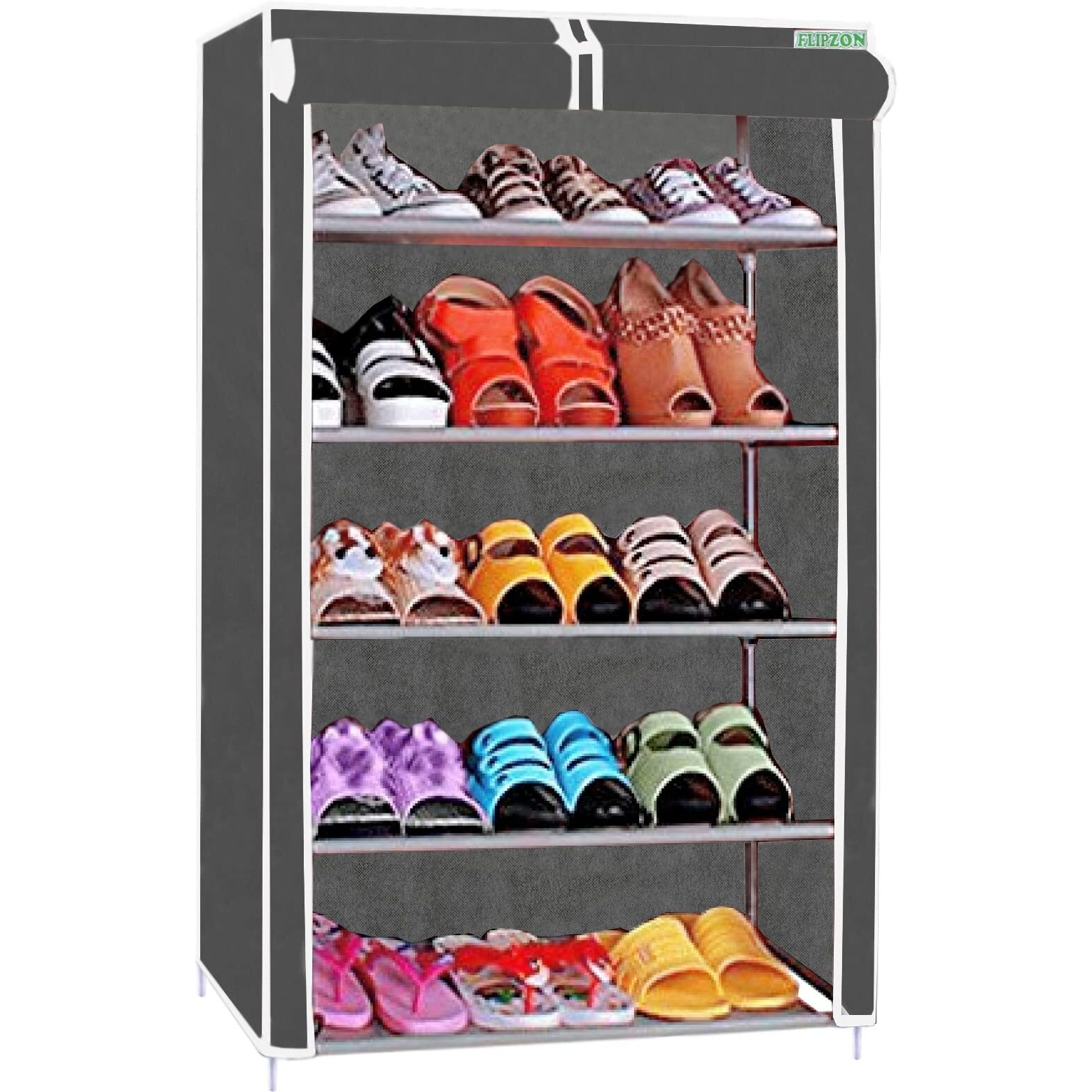 Flipzon Multipurpose 5 Shelves Shoe Rack With Zip Door Cover & Side Pockets, Multiuse Storage Rack For Footwear, Toys, Clothes With Dustproof Cover (5 Shelves) (Black, Plastic)