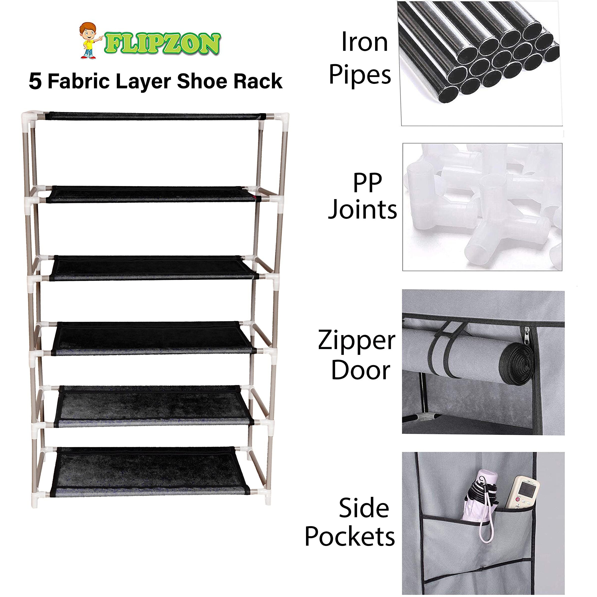 Flipzon Multipurpose 5 Shelves Shoe Rack With Zip Door Cover & Side Pockets, Multiuse Storage Rack For Footwear, Toys, Clothes With Dustproof Cover (5 Shelves) (Black, Plastic)
