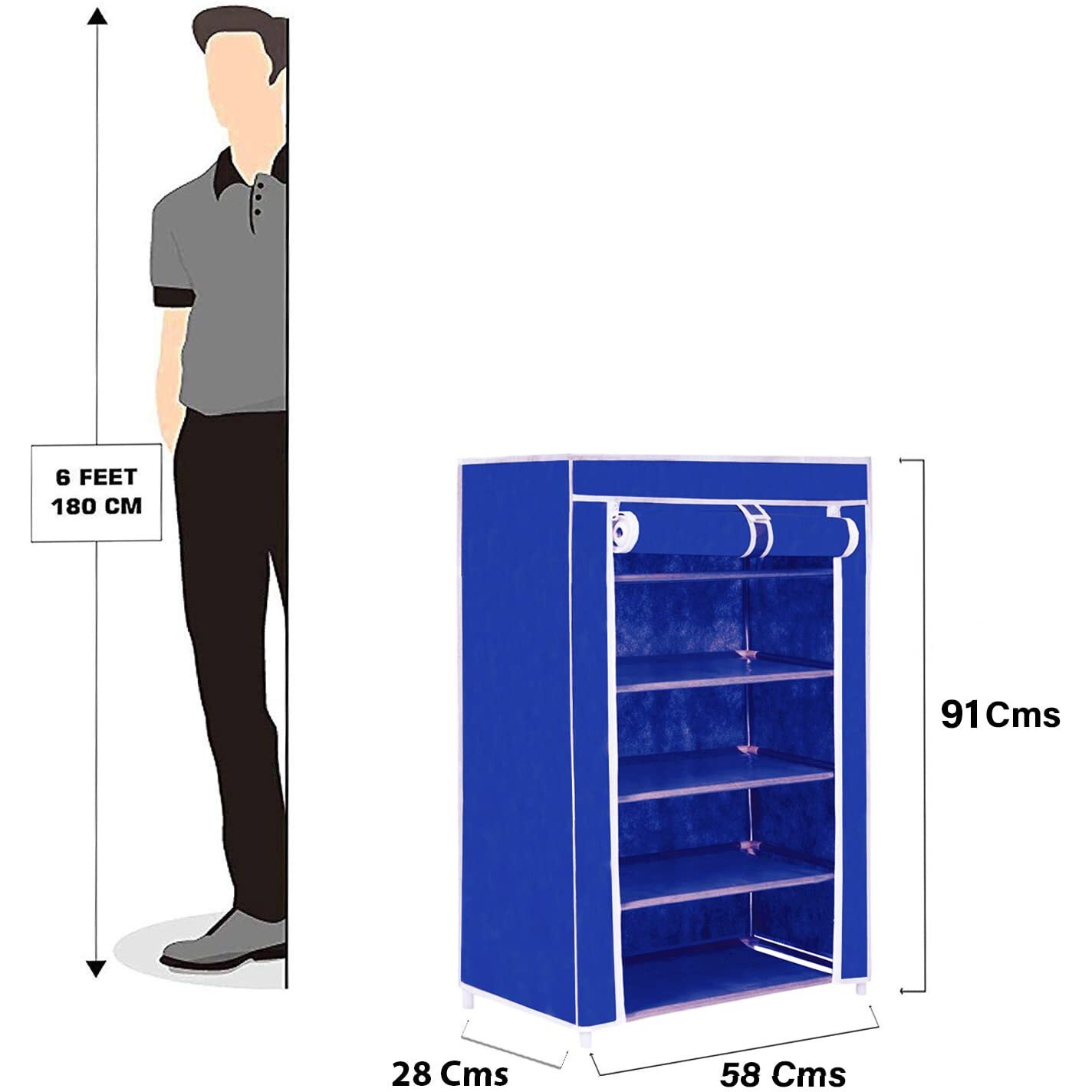 Flipzon Multipurpose 5 Shelves Shoe Rack With Zip Door Cover & Side Pockets, Multiuse Wide Shelve Storage Rack For Footwear, Toys, Clothes With Dustproof Cover (5 Shelves) (Blue)