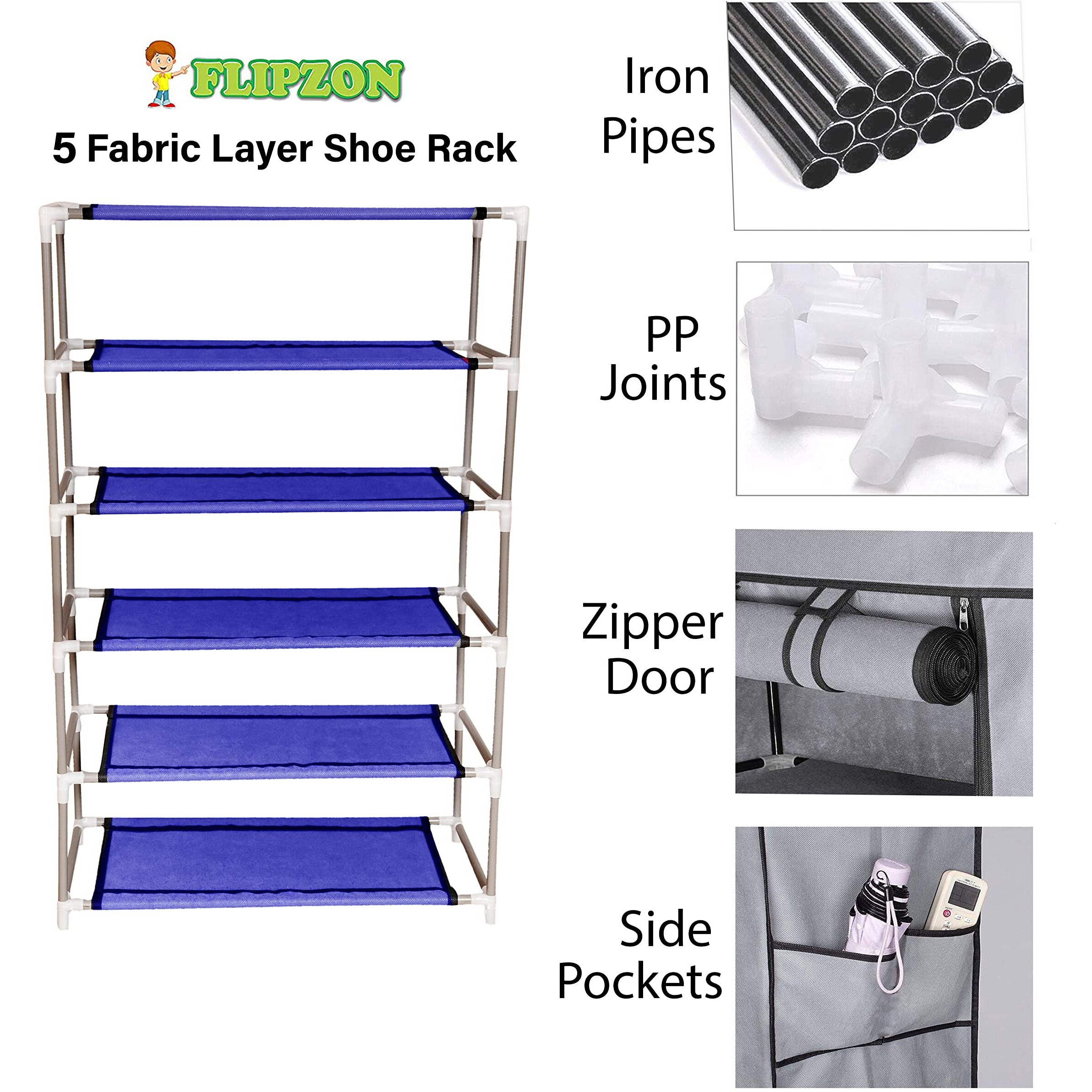 Flipzon Multipurpose 5 Shelves Shoe Rack With Zip Door Cover & Side Pockets, Multiuse Wide Shelve Storage Rack For Footwear, Toys, Clothes With Dustproof Cover (5 Shelves) (Blue)