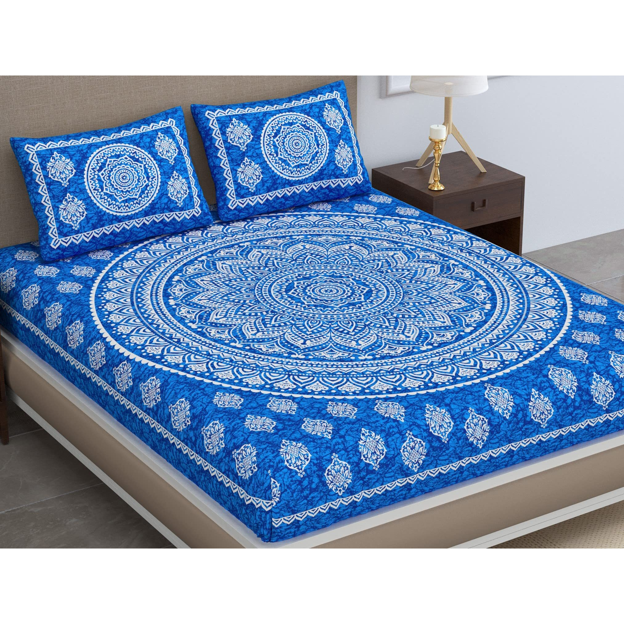 Colorish 120 Tc Cotton Blend Mandala Printed Jaipuri Bedsheet For Double Bed King Size With 2 Pillow Covers, Blue