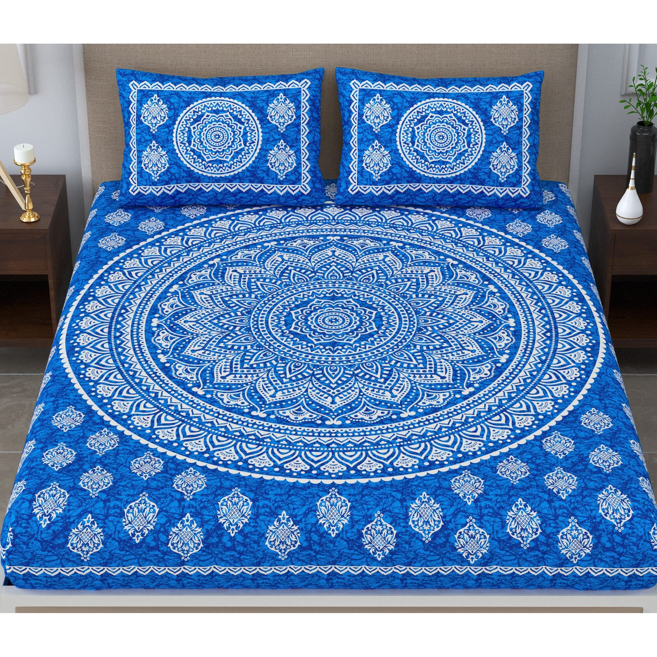Colorish 120 Tc Cotton Blend Mandala Printed Jaipuri Bedsheet For Double Bed King Size With 2 Pillow Covers, Blue