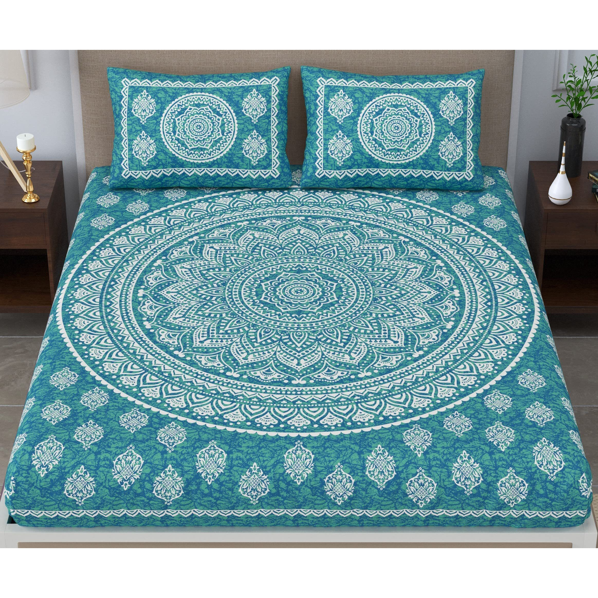 Colorish Cotton Blend Traditional Mandala Jaipuri Printed Bedsheet For Double Bed King Size With 2 Pillow Covers, Sea Green| H603 | 120 Tc