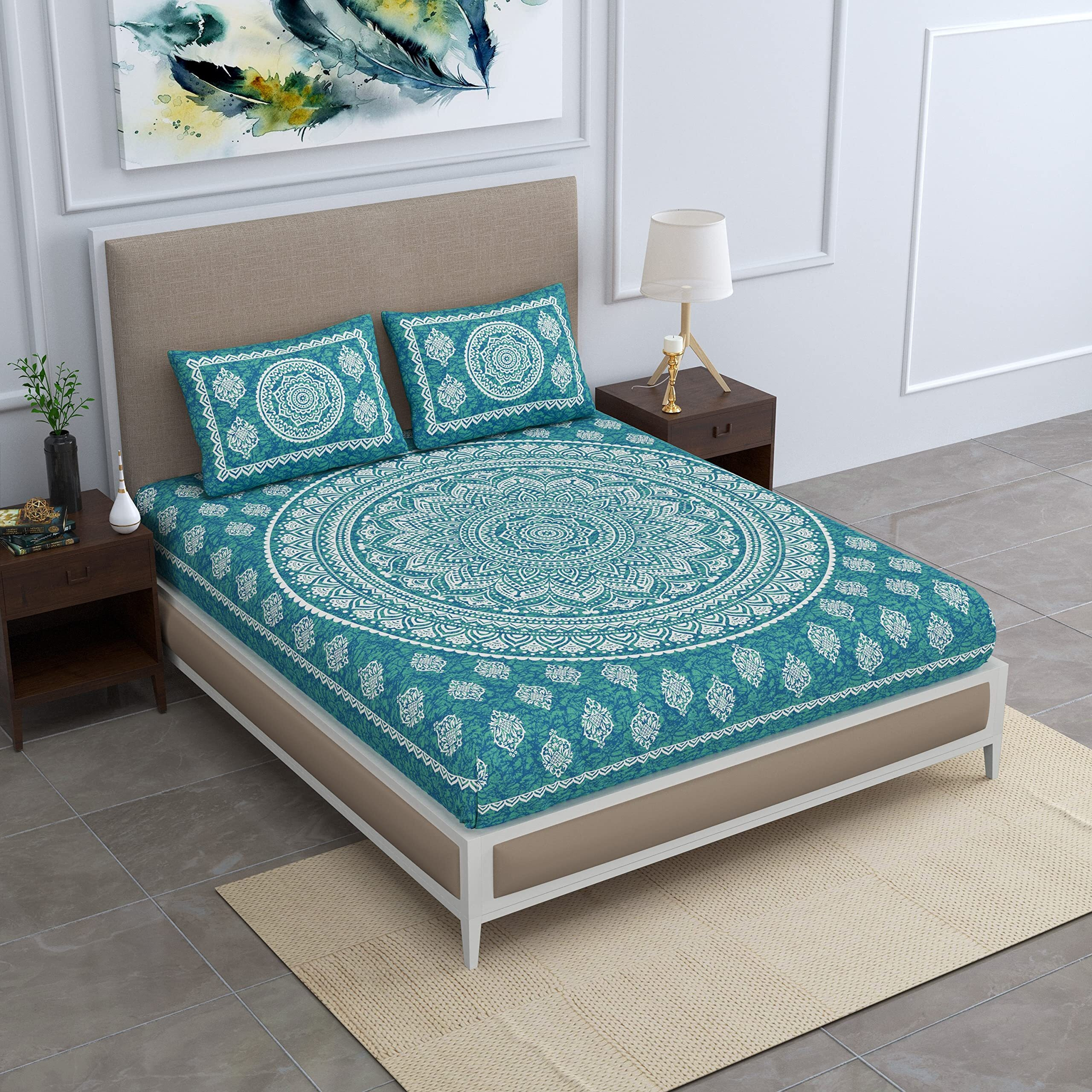 Colorish Cotton Blend Traditional Mandala Jaipuri Printed Bedsheet For Double Bed King Size With 2 Pillow Covers, Sea Green| H603 | 120 Tc