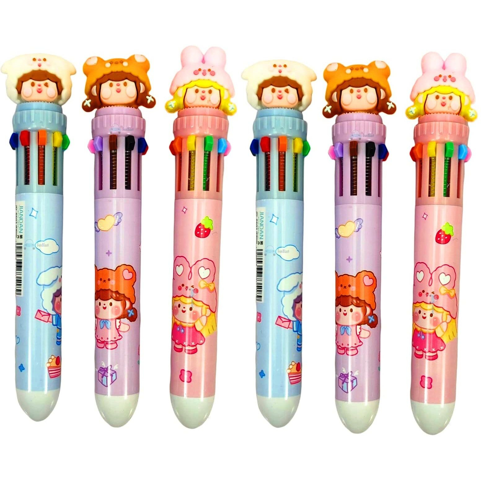 Funblast 10 In 1 Multicolor Pens For Kids Ball Pen Set For School & Office - Cartoon Pen For Office, School Stationery For Kids - Stationery Kit, Stationery Set, Birthday Return Gift (Set Of 12)