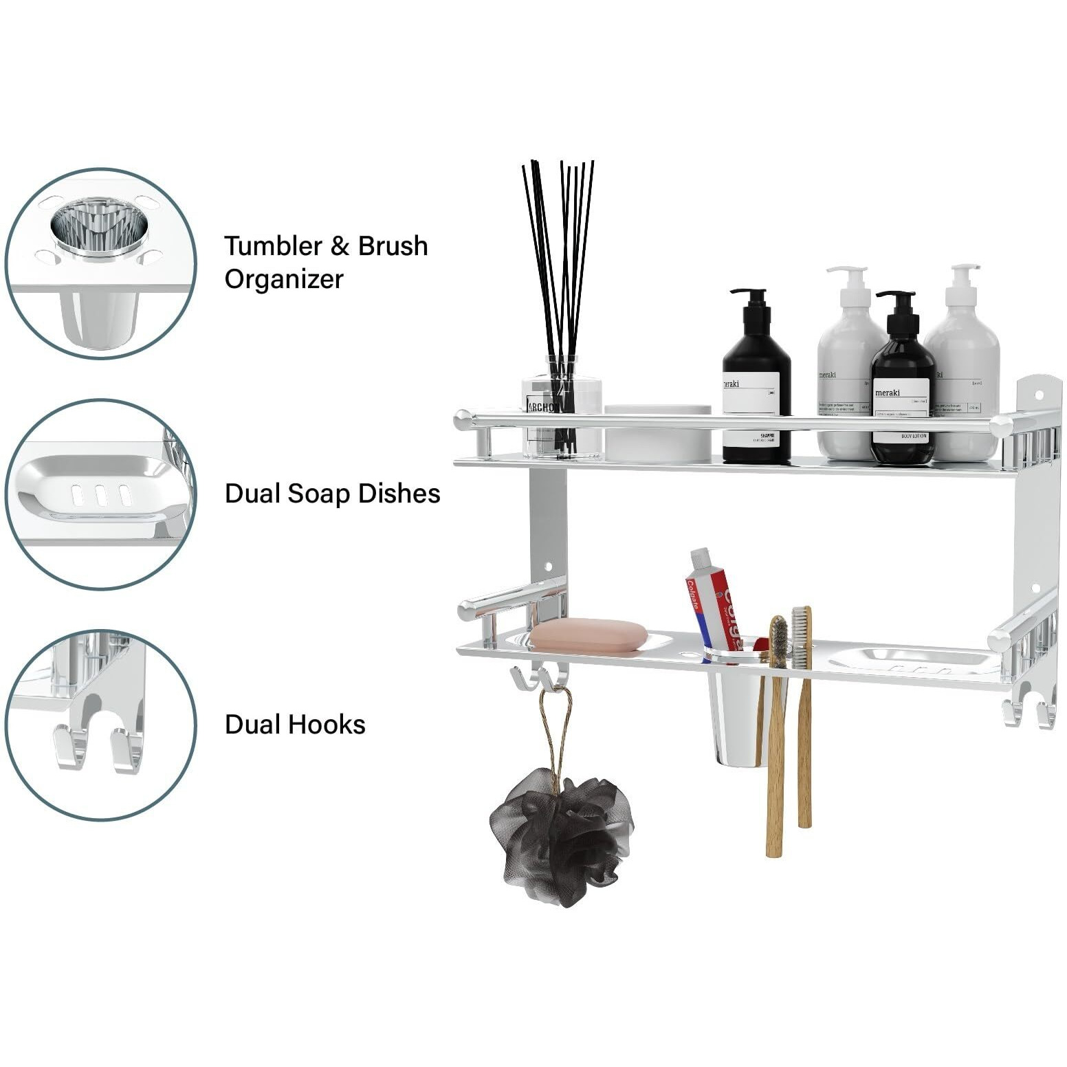 Livesup Stainless Steel Multi-Use Rack, Bathroom Shelf, Soap Stand/Tumbler Holder/Toothbrush Holder/Bathroom Stand/Bathroom Rack/Bathroom Accessories (Number Of Shelves - 2, Silver)