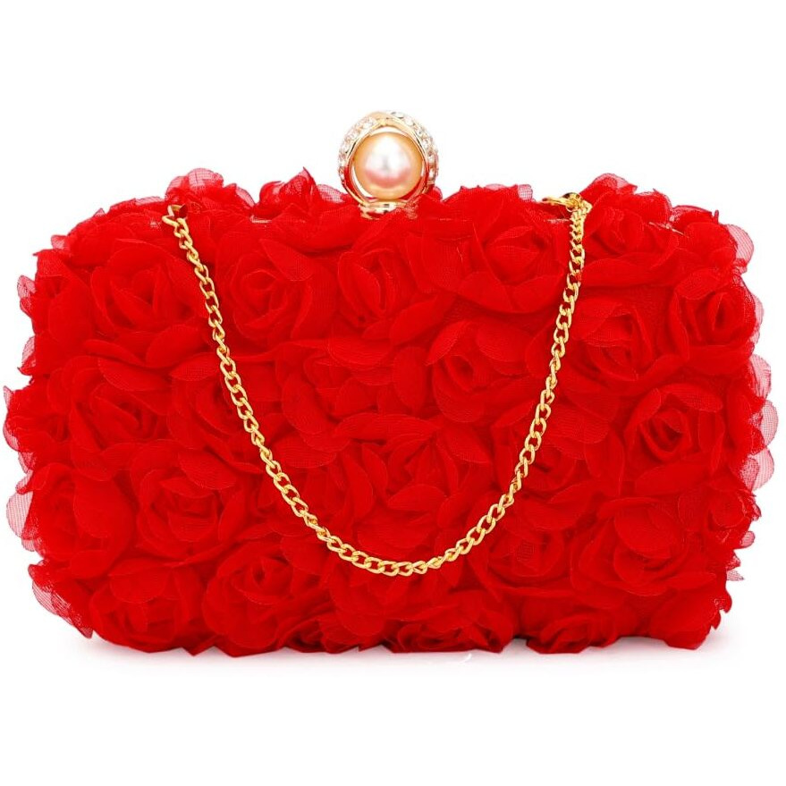 Tooba Women's Handcrafted Beautiful Bling Box Clutch Bag (Red Rose)