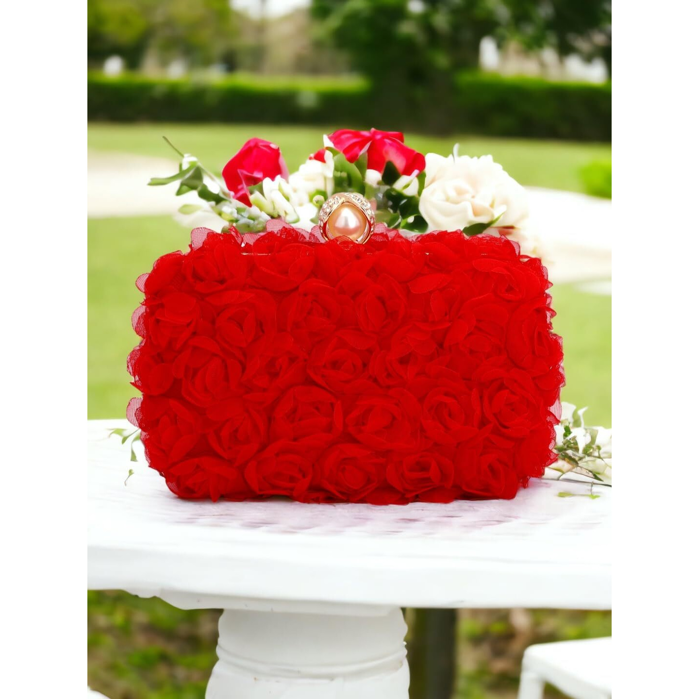 Tooba Women's Handcrafted Beautiful Bling Box Clutch Bag (Red Rose)