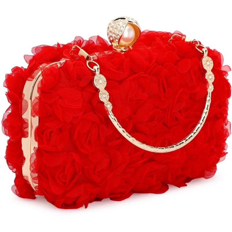 Tooba Women's Handcrafted Beautiful Bling Box Clutch Bag (Red Rose)