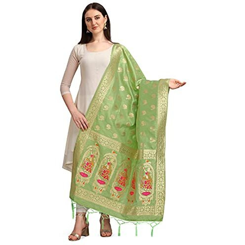 Devangi Women's Kalamkari Silk Dupatta (Om-Dt-05-Pistachio_Grey, Matt Grey_Free Size)