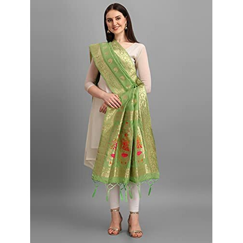 Devangi Women's Kalamkari Silk Dupatta (Om-Dt-05-Pistachio_Grey, Matt Grey_Free Size)