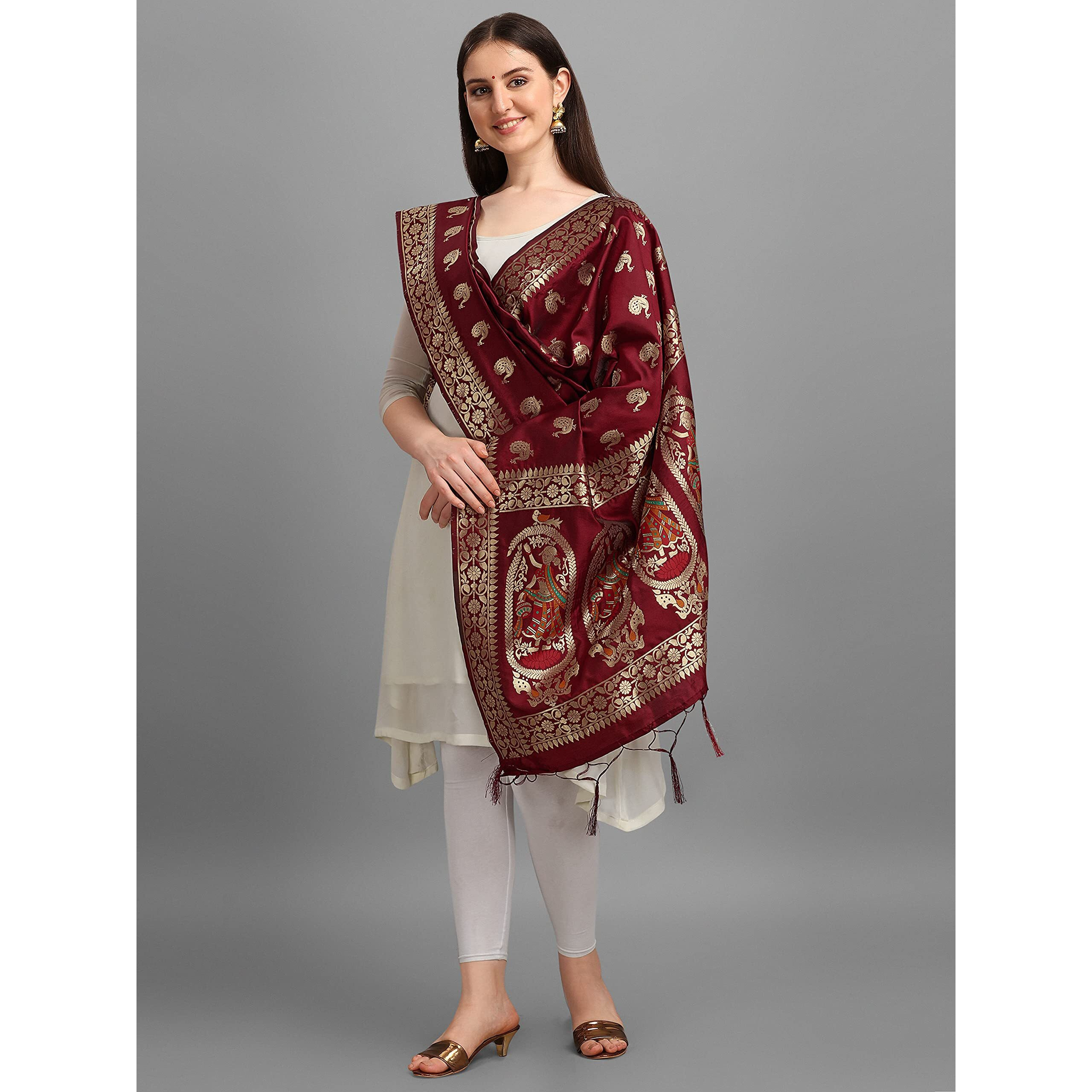 Devangi Women's Kalamkari Silk Woven Dupatta (Om-Dt-05-Brownish_Brownish_Free Size)