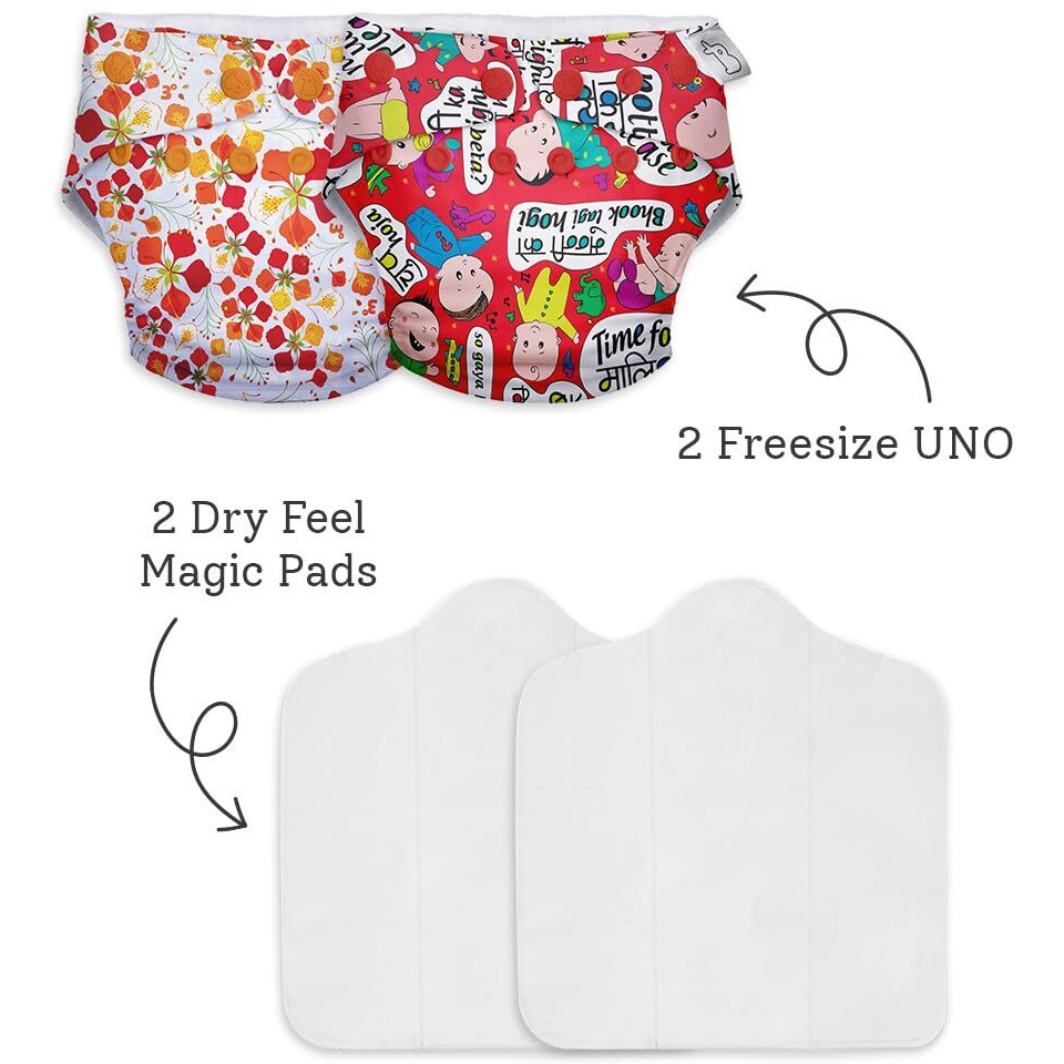 Superbottoms New Uno Freesize Cloth Diaper Set Of 2| Cloth Diaper For Babies 3M To 3Y | Washable & Reusable Cloth Diaper | Comes With Cloth Diaper Insert | 2 Diaper And 2 Organic Cotton Soaker