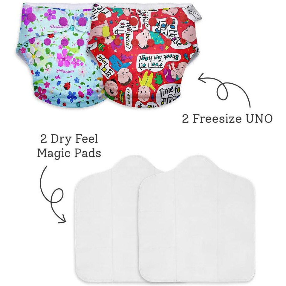 Superbottoms Cloth Diapers For Babies - Cloth Diaper Combo Pack Of 2 Freesize Uno- New Version| Reusable Cloth Diapers For Babies 0 To 3 Years | With 2 Organic Cotton Inserts/Pads