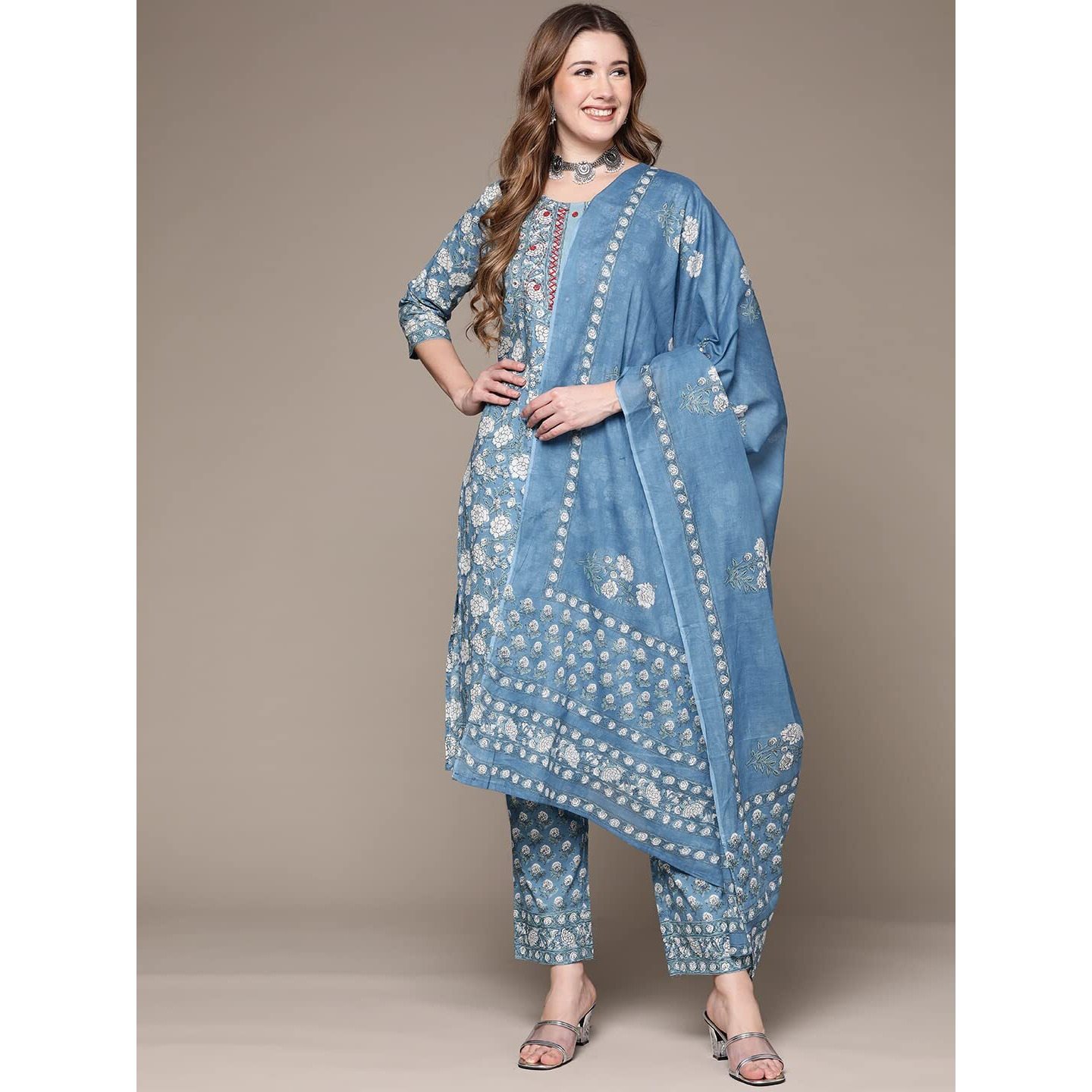 Anubhutee Women Blue Floral Printed Pure Cotton Kurta With Trousers & Dupatta