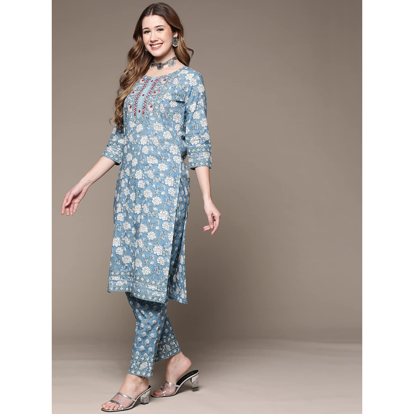 Anubhutee Women Blue Floral Printed Pure Cotton Kurta With Trousers & Dupatta