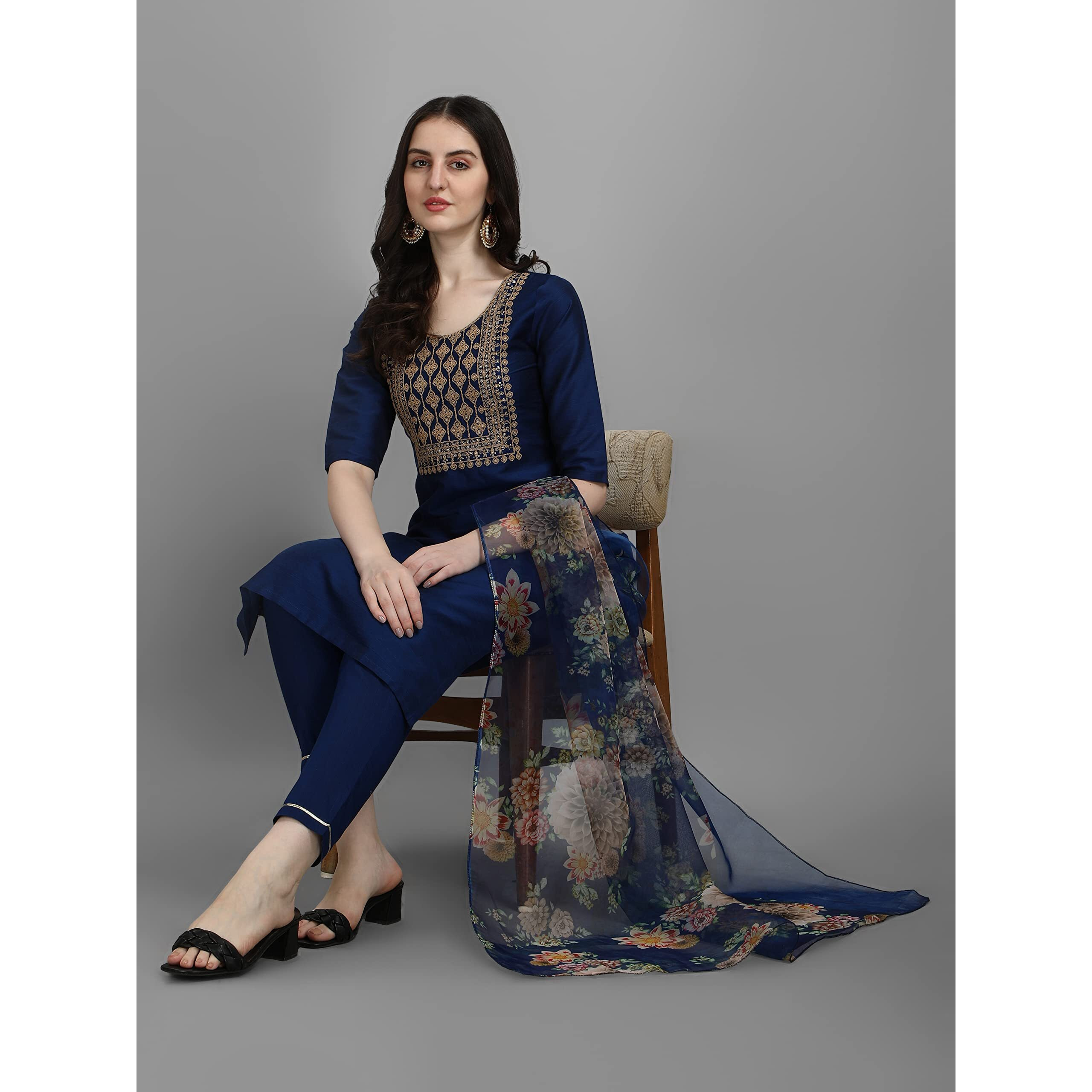 Vredevogel Women's Embroidered Cotton Silk Blend Kurta Pant And Dupatta Set, Blue, Xxlarge