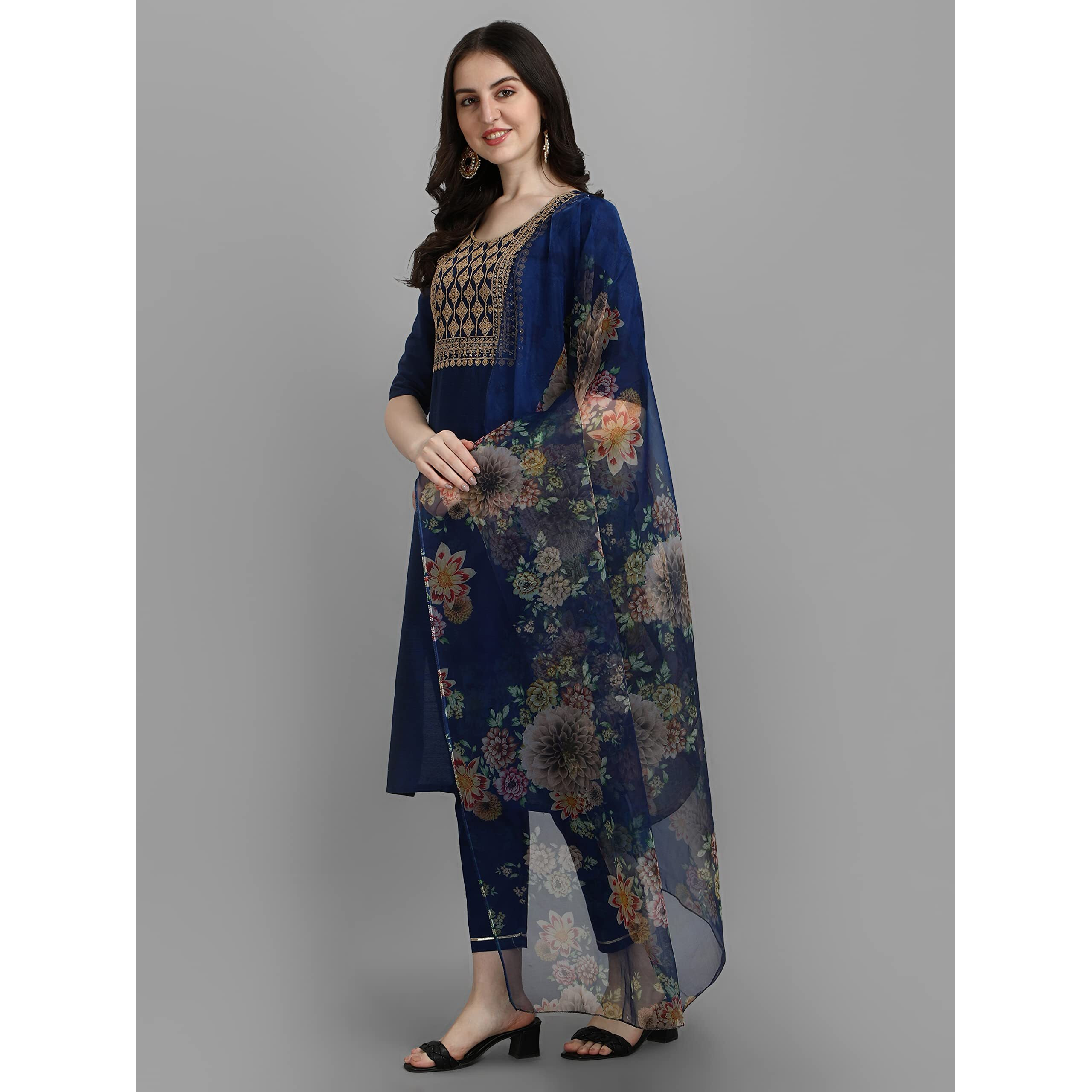Vredevogel Women's Embroidered Cotton Silk Blend Kurta Pant And Dupatta Set, Blue, Medium