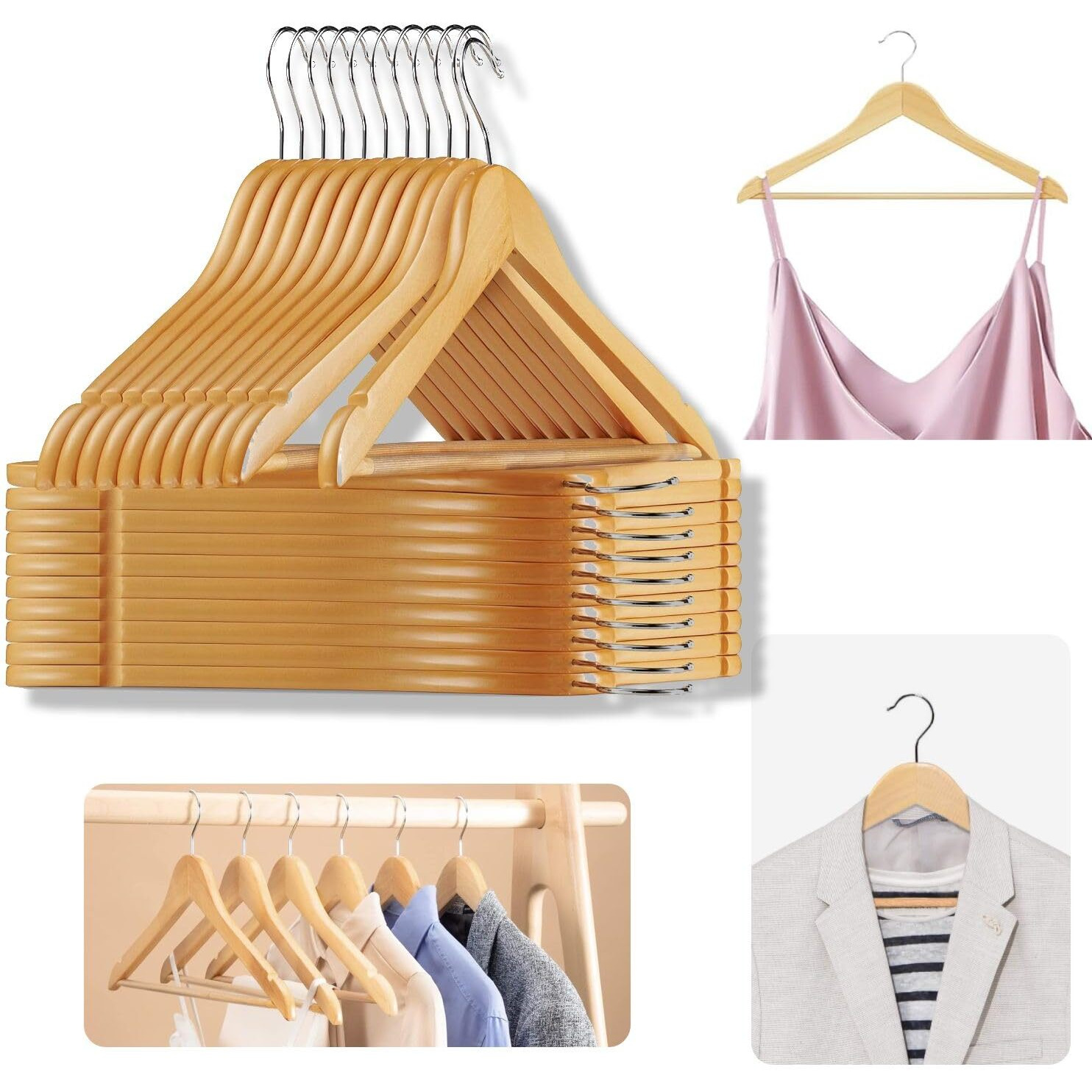 Anh Mart 70 -Pack Beige Lotus Wardrobe Wooden Hangers For Clothes - Solid Wood Clothes Hangers For Shirts, Dresses, Coats & Jackets With Smooth Finish, 360 Swivel Hook, Non-Slip Bar & Notches.