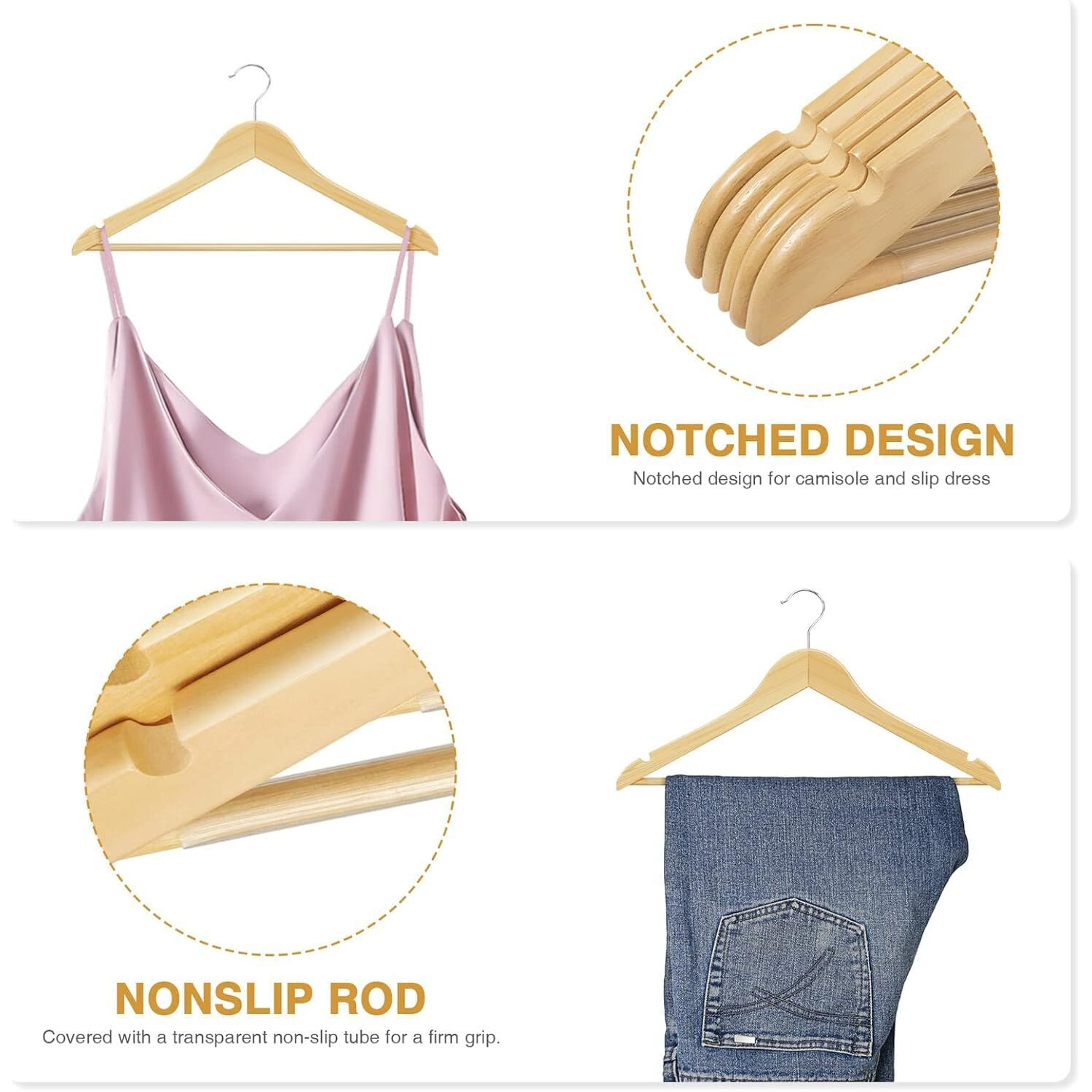 Anh Mart 70 -Pack Beige Lotus Wardrobe Wooden Hangers For Clothes - Solid Wood Clothes Hangers For Shirts, Dresses, Coats & Jackets With Smooth Finish, 360 Swivel Hook, Non-Slip Bar & Notches.