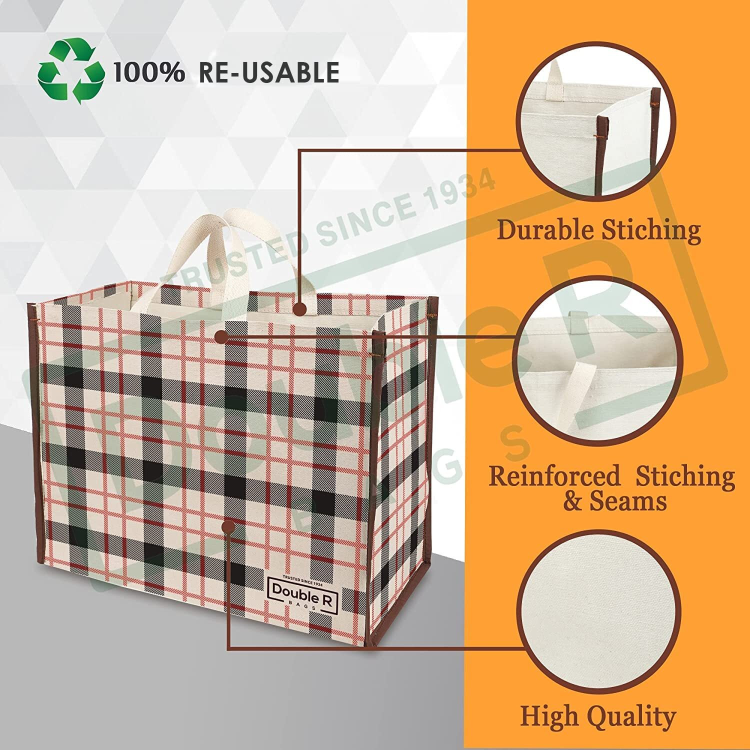 Double R Bags Big Heavy Duty Large Eco Cotton Canvas Cloth Grocery Shopping Bag For Men Ladies Vegetable Milk Fruits With Hand Carry Handle Lunch Box Jhola Tote Bags.