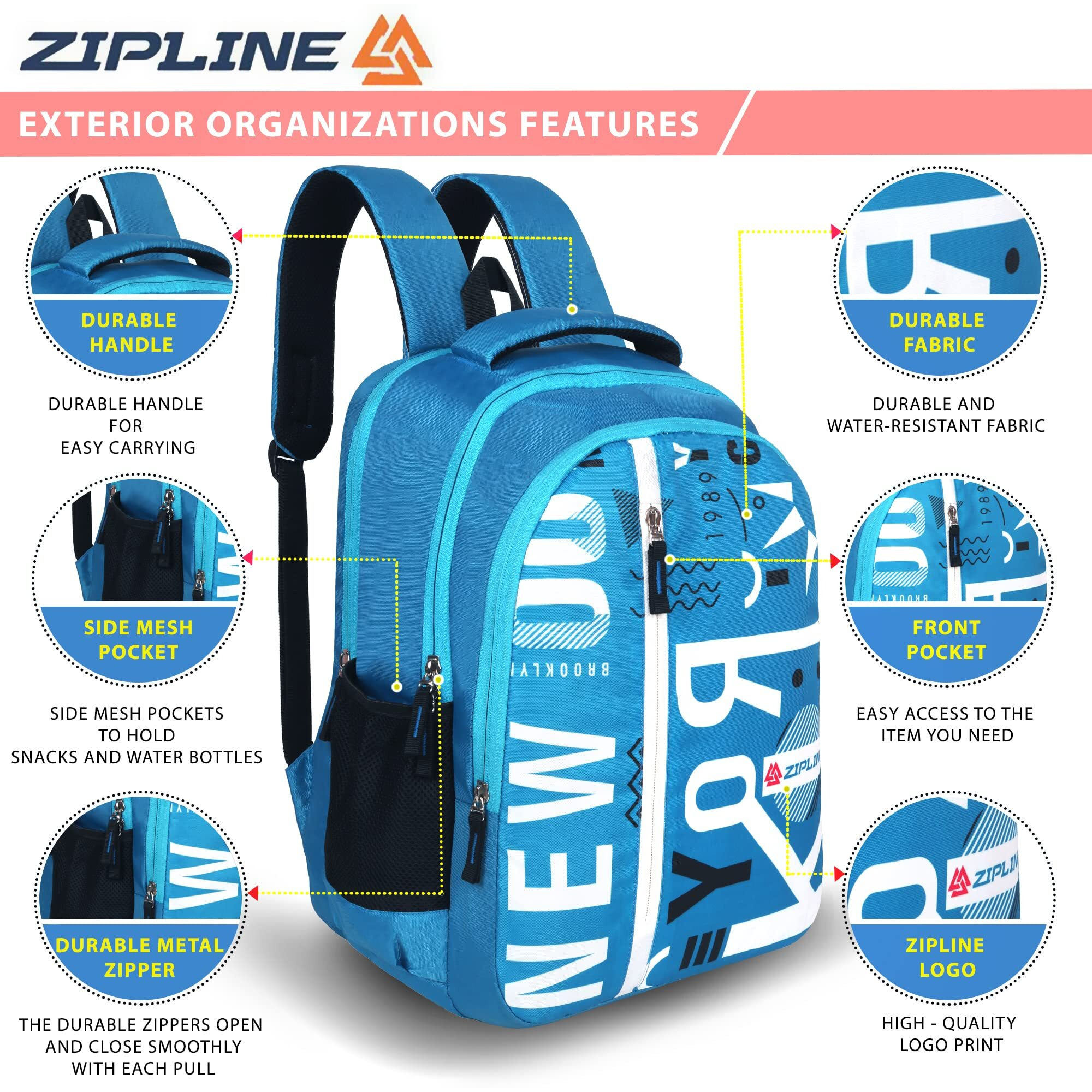Zipline Unisex Casual Polyester 36 L Blue Backpack School Bag Women Men Boys Girls College Bag