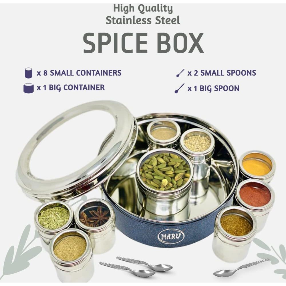 Maru 9 In 1 Durable Stainless Steel Masala Box For Kitchen Dark Blue Colored, Spice Storage Box For Kitchen With See-Through Lid, Masala Dabba, Stylish Spices Storage Steel Container