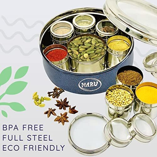 Maru 9 In 1 Durable Stainless Steel Masala Box For Kitchen Dark Blue Colored, Spice Storage Box For Kitchen With See-Through Lid, Masala Dabba, Stylish Spices Storage Steel Container