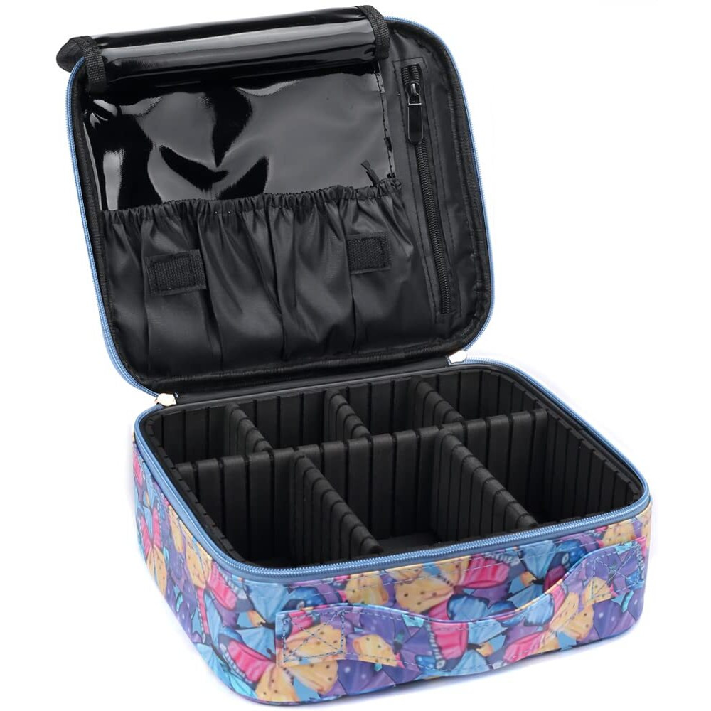 Inovera (Label) Faux Leather Makeup Organizer Bag For Women, Girls & Bride - Travel Cosmetic Kit Storage Organiser - Toiletry Vanity Box With Adjustable Compartment, 26L X 23B X 9H Cm Butterfly Print