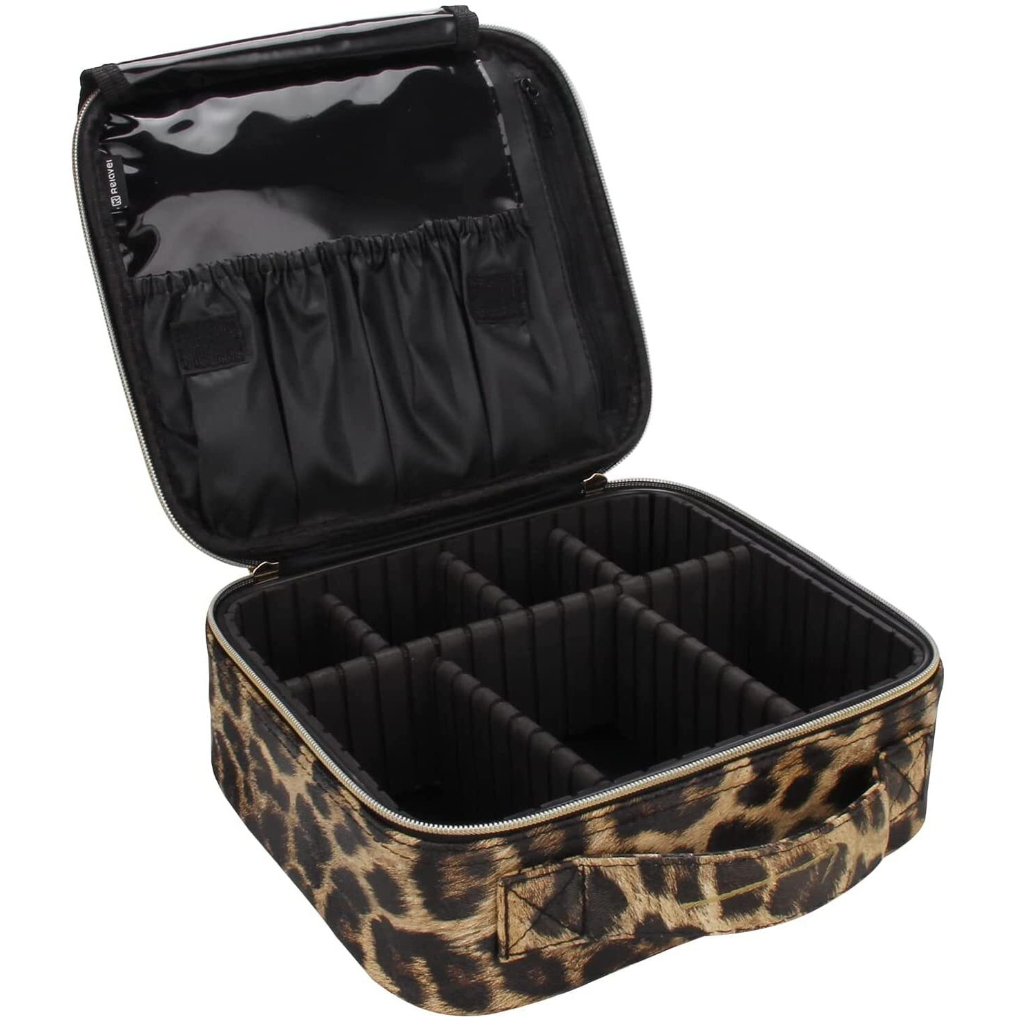 Inovera (Label) Pu Leather Makeup Organizer Bag For Women, Girls & Bridal - Travel Cosmetic Kit Storage Organiser Toiletry Vanity Box With Adjustable, 26L X 23B 9H Cm (Leopard Printed), Multicolor