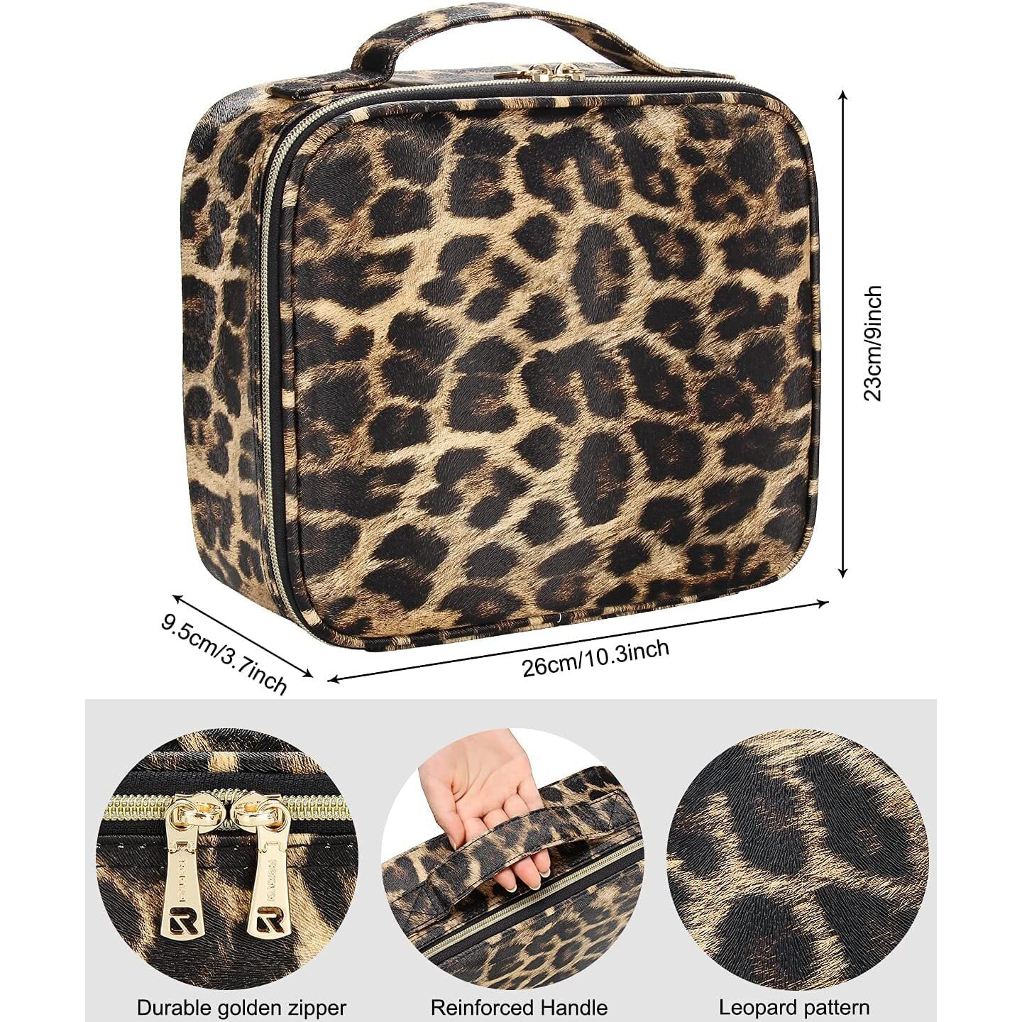 Inovera (Label) Pu Leather Makeup Organizer Bag For Women, Girls & Bridal - Travel Cosmetic Kit Storage Organiser Toiletry Vanity Box With Adjustable, 26L X 23B 9H Cm (Leopard Printed), Multicolor