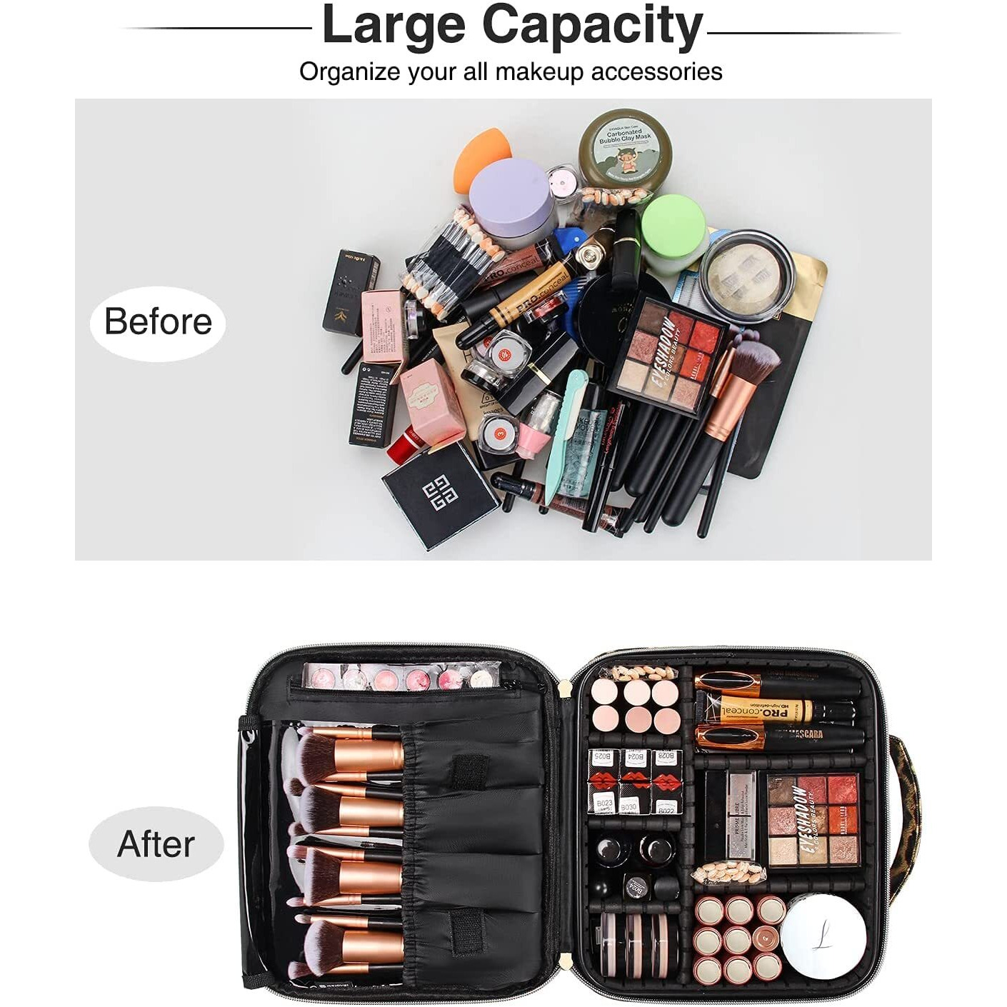 Inovera (Label) Pu Leather Makeup Organizer Bag For Women, Girls & Bridal - Travel Cosmetic Kit Storage Organiser Toiletry Vanity Box With Adjustable, 26L X 23B 9H Cm (Leopard Printed), Multicolor