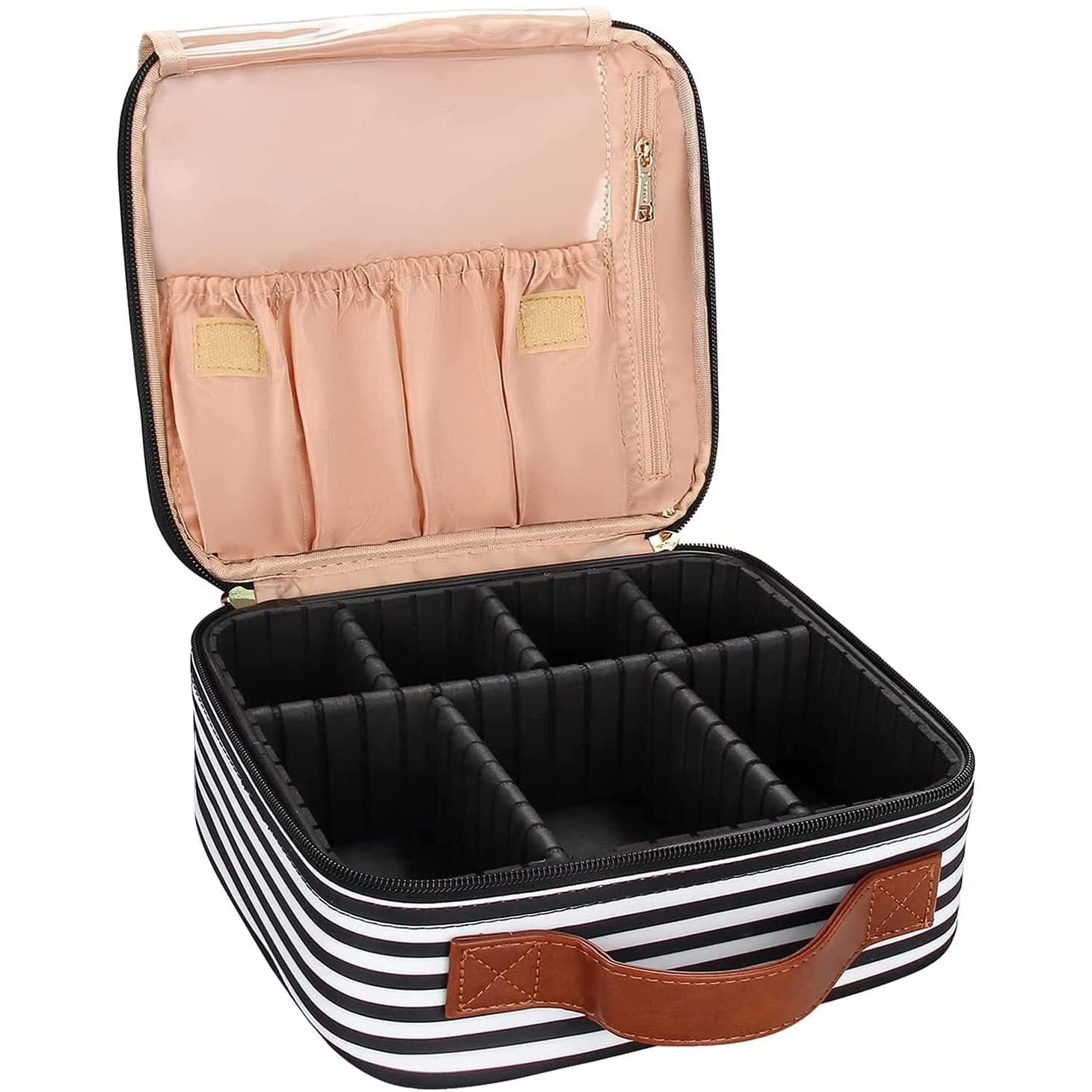 Inovera (Label) Faux Leather Makeup Organizer Bag For Women, Girls & Bride - Travel Cosmetic Kit Storage Organiser - Toiletry Vanity Box With Compartment, 26L X 23B X 9H Cm Black & White Strap