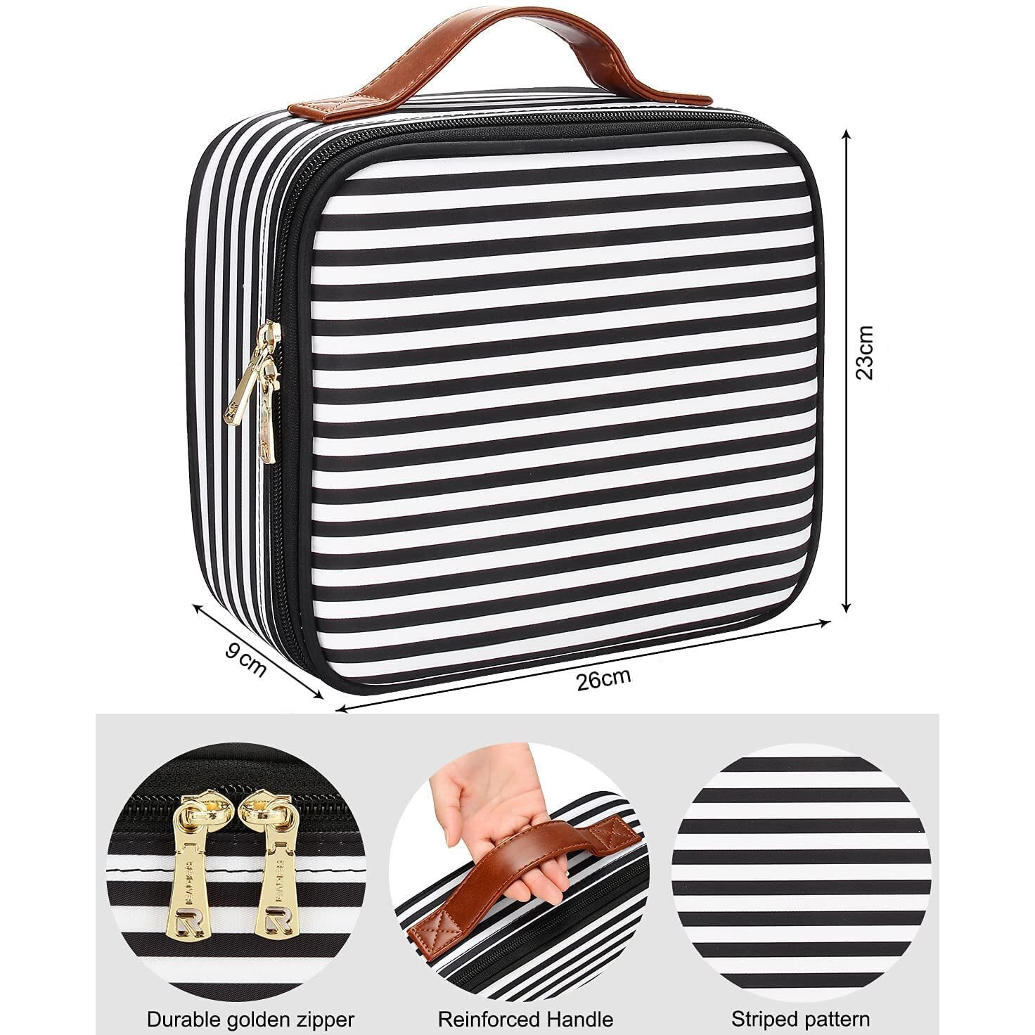 Inovera (Label) Faux Leather Makeup Organizer Bag For Women, Girls & Bride - Travel Cosmetic Kit Storage Organiser - Toiletry Vanity Box With Compartment, 26L X 23B X 9H Cm Black & White Strap