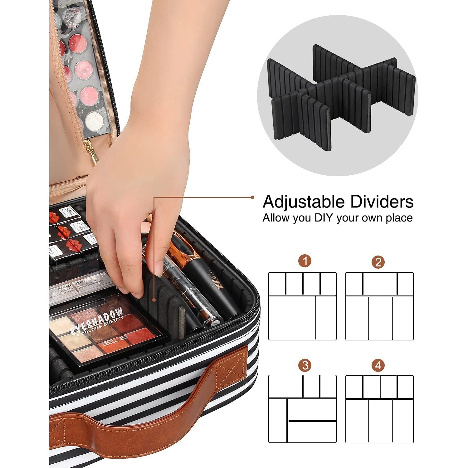 Inovera (Label) Faux Leather Makeup Organizer Bag For Women, Girls & Bride - Travel Cosmetic Kit Storage Organiser - Toiletry Vanity Box With Compartment, 26L X 23B X 9H Cm Black & White Strap