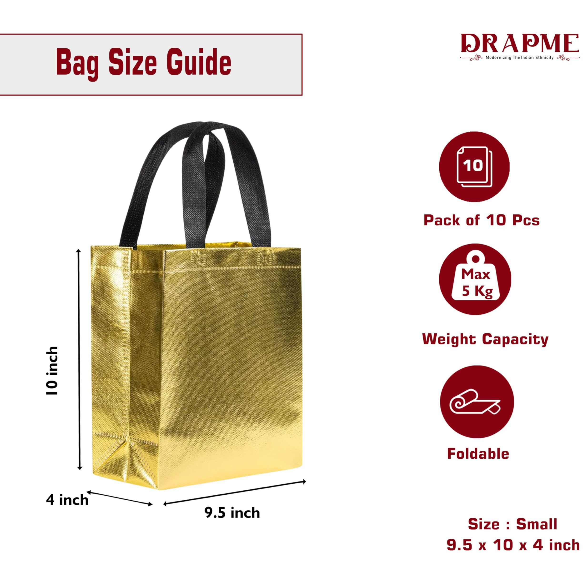 Drapme Small Size Pack Of 10 Pcs Glossy Metallic Laminated Non-Woven Reusable Eco-Friendly Party Return Gift Bags (Golden) (Small 9.5X10X4 Inch)