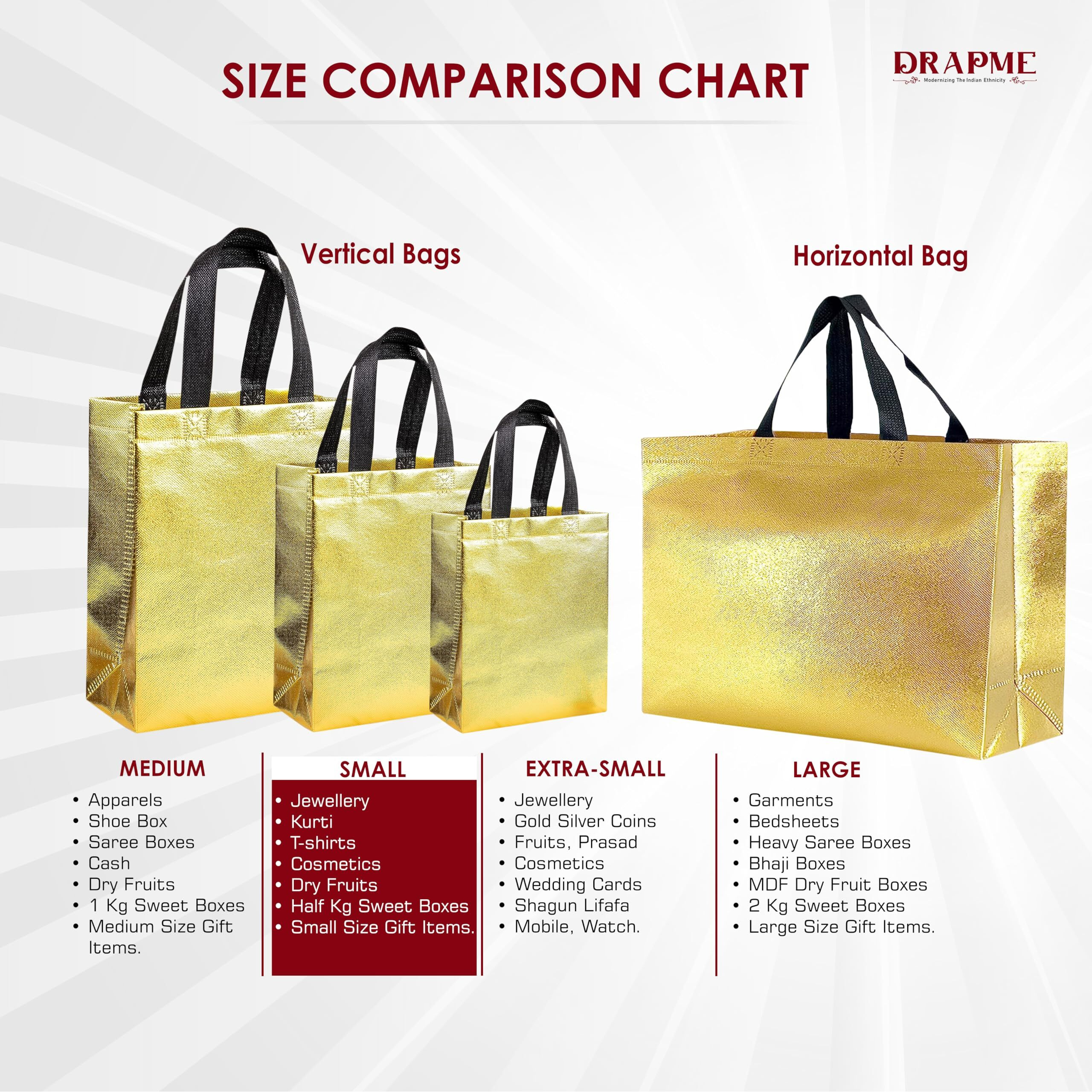 Drapme Small Size Pack Of 10 Pcs Glossy Metallic Laminated Non-Woven Reusable Eco-Friendly Party Return Gift Bags (Golden) (Small 9.5X10X4 Inch)