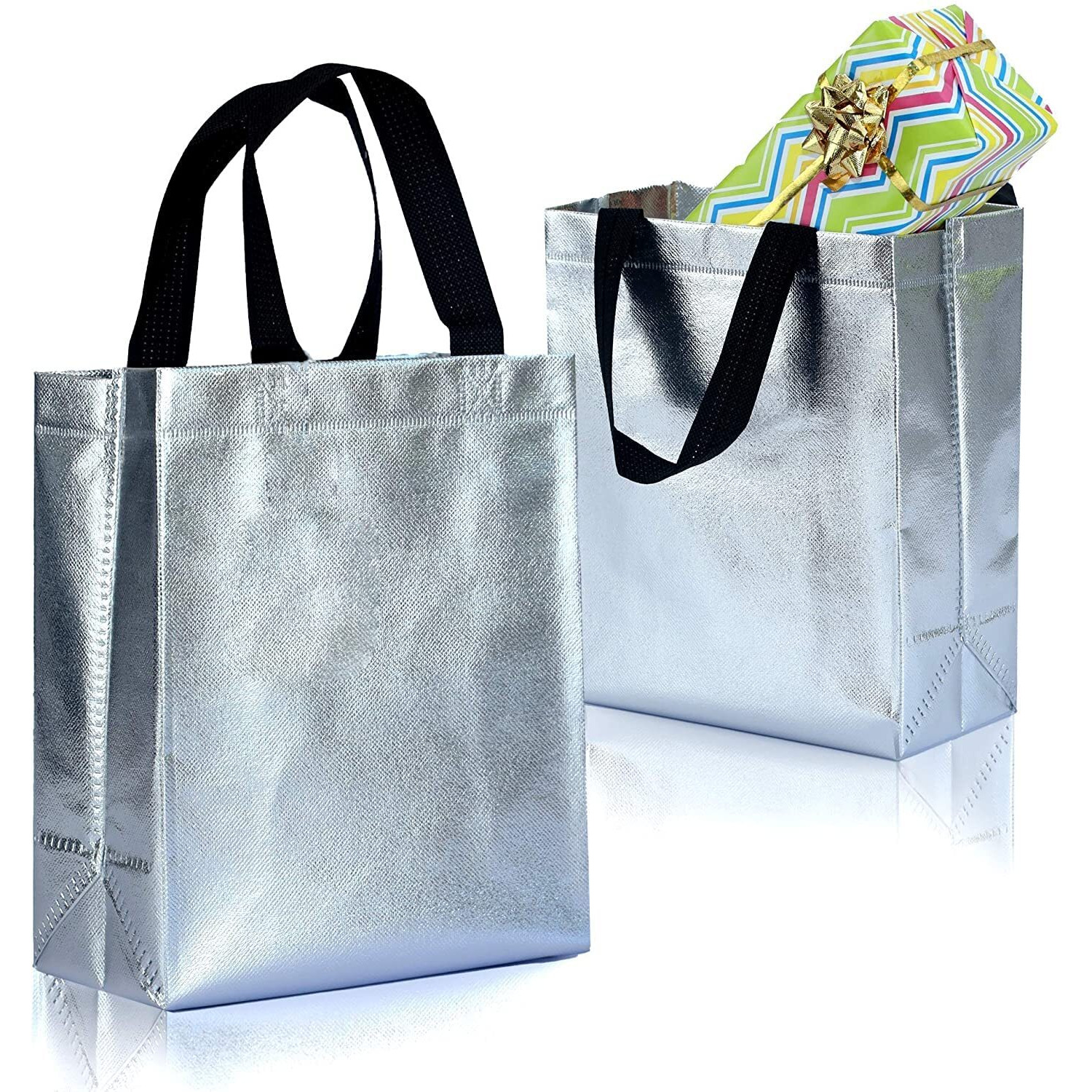 Drapme Small Size Pack Of 10 Pcs Glossy Metallic Laminated Non-Woven Reusable Eco-Friendly Party Return Gift Bags (Silver) (Small 9.5X10X4 Inch)