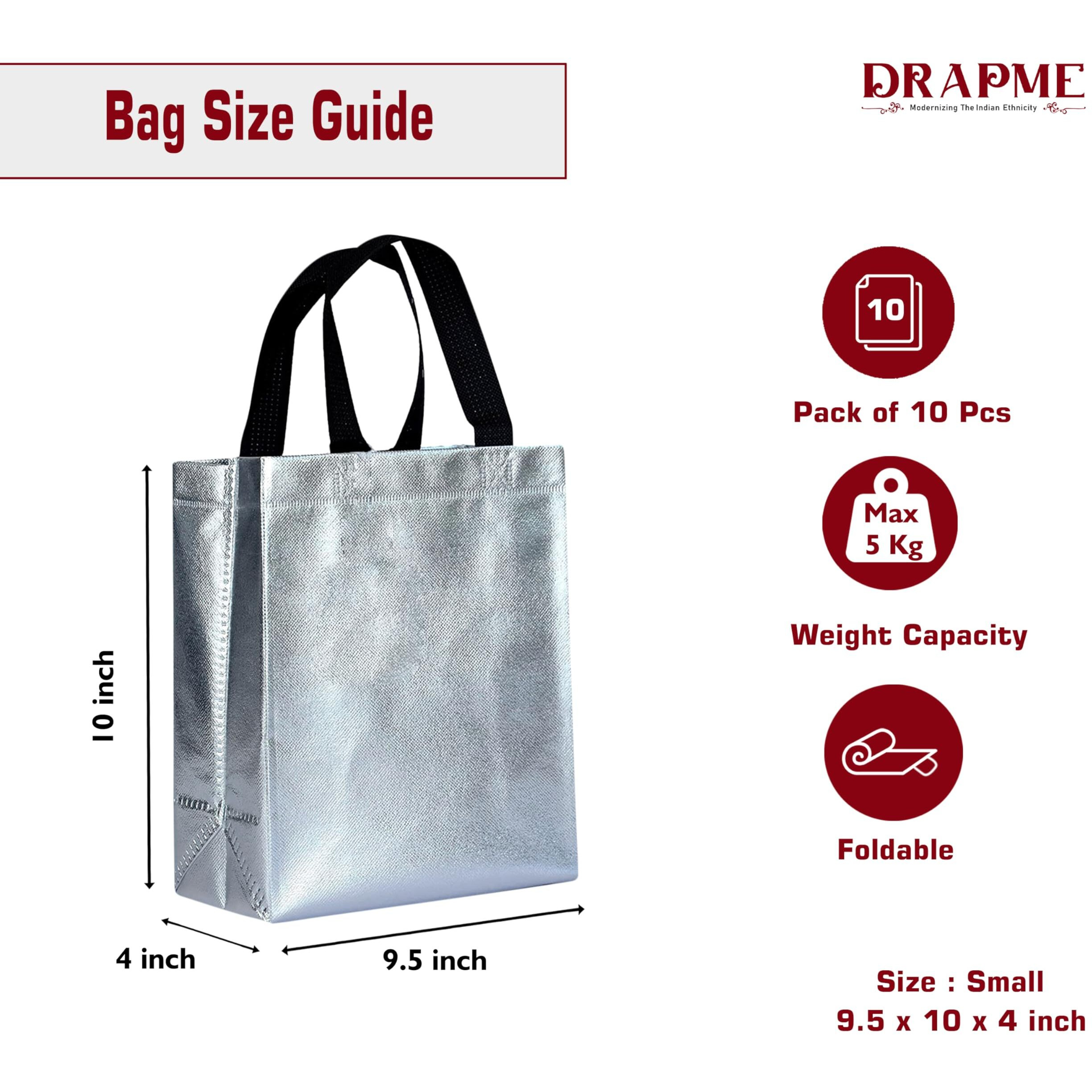 Drapme Small Size Pack Of 10 Pcs Glossy Metallic Laminated Non-Woven Reusable Eco-Friendly Party Return Gift Bags (Silver) (Small 9.5X10X4 Inch)