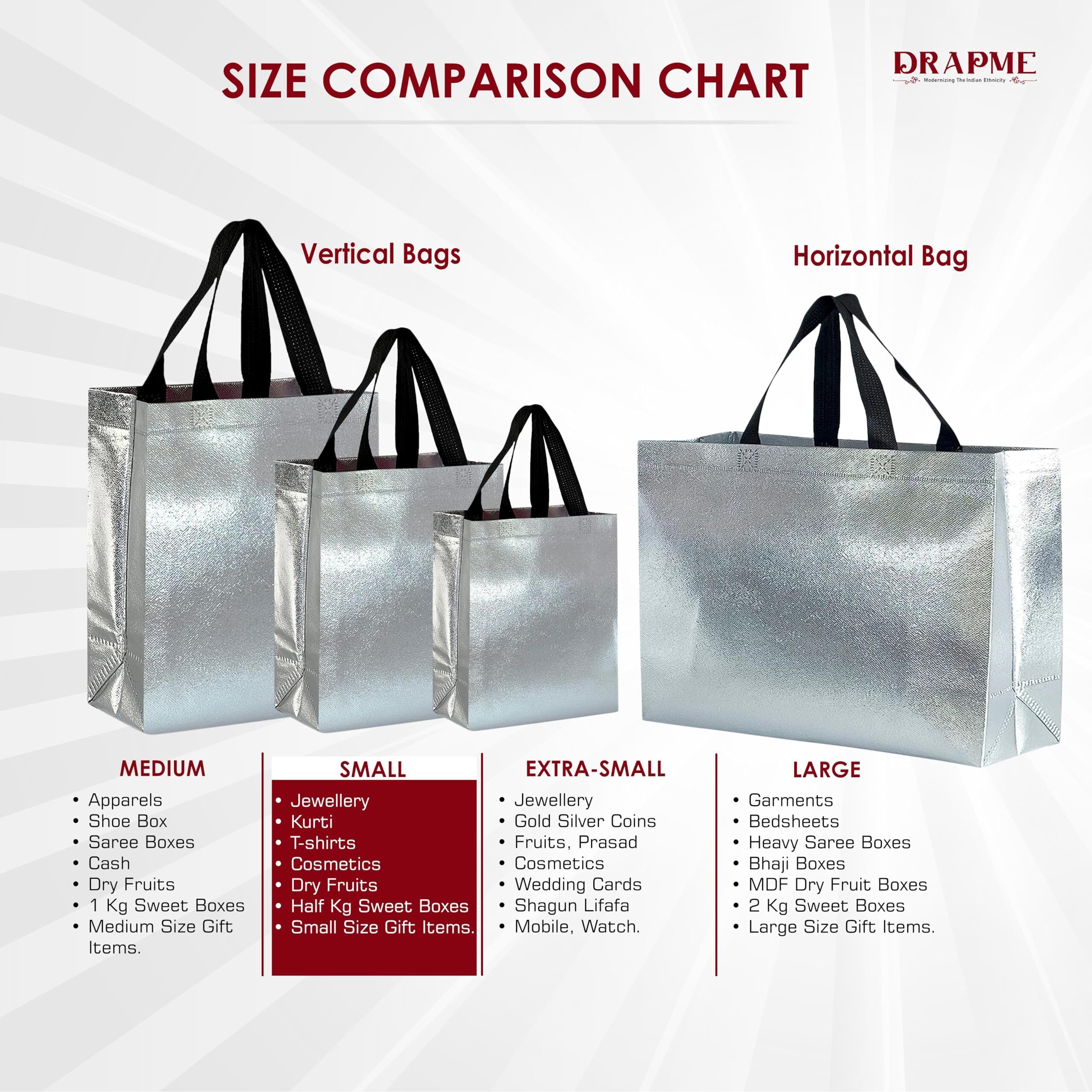 Drapme Small Size Pack Of 10 Pcs Glossy Metallic Laminated Non-Woven Reusable Eco-Friendly Party Return Gift Bags (Silver) (Small 9.5X10X4 Inch)