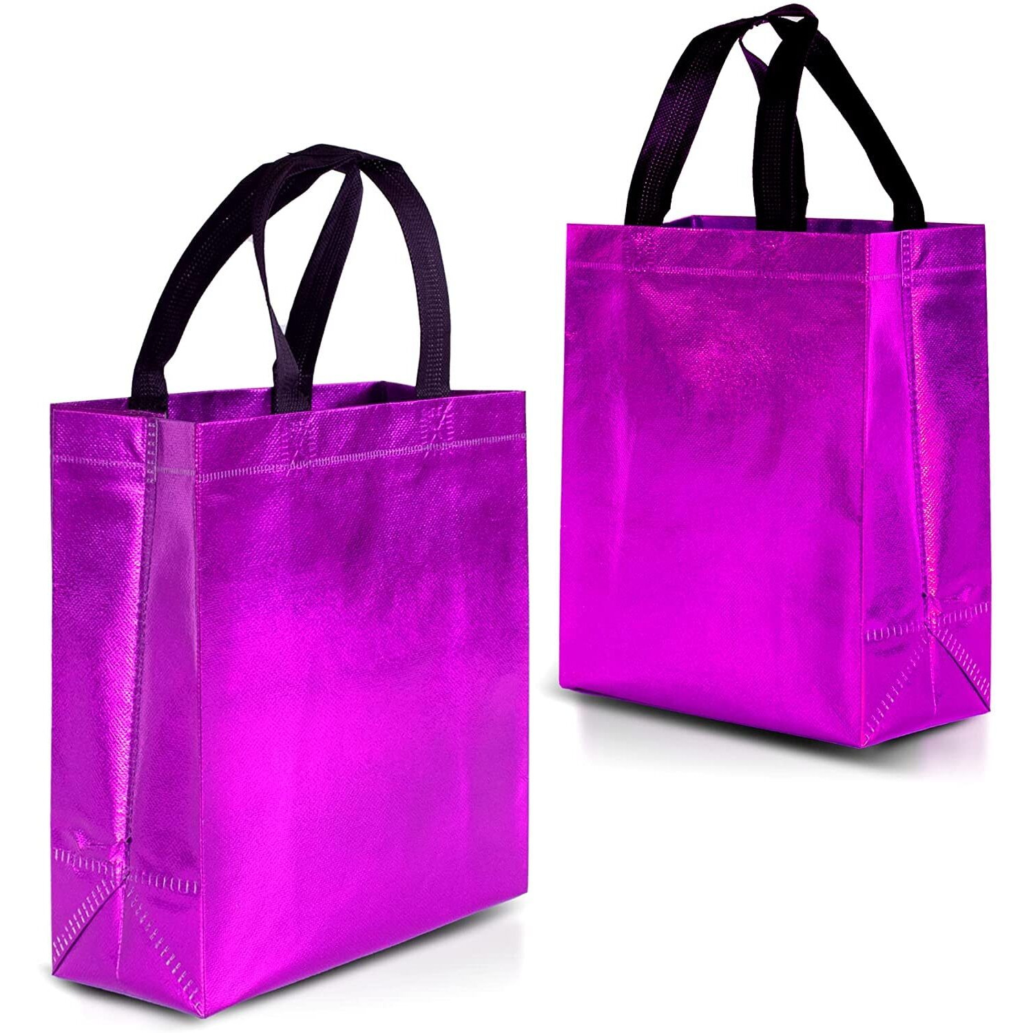 Drapme Small Size Pack Of 10 Pcs Glossy Metallic Laminated Non-Woven Reusable Eco-Friendly Party Return Gift Bags (Hot Pink) (Small 9.5X10X4 Inch)