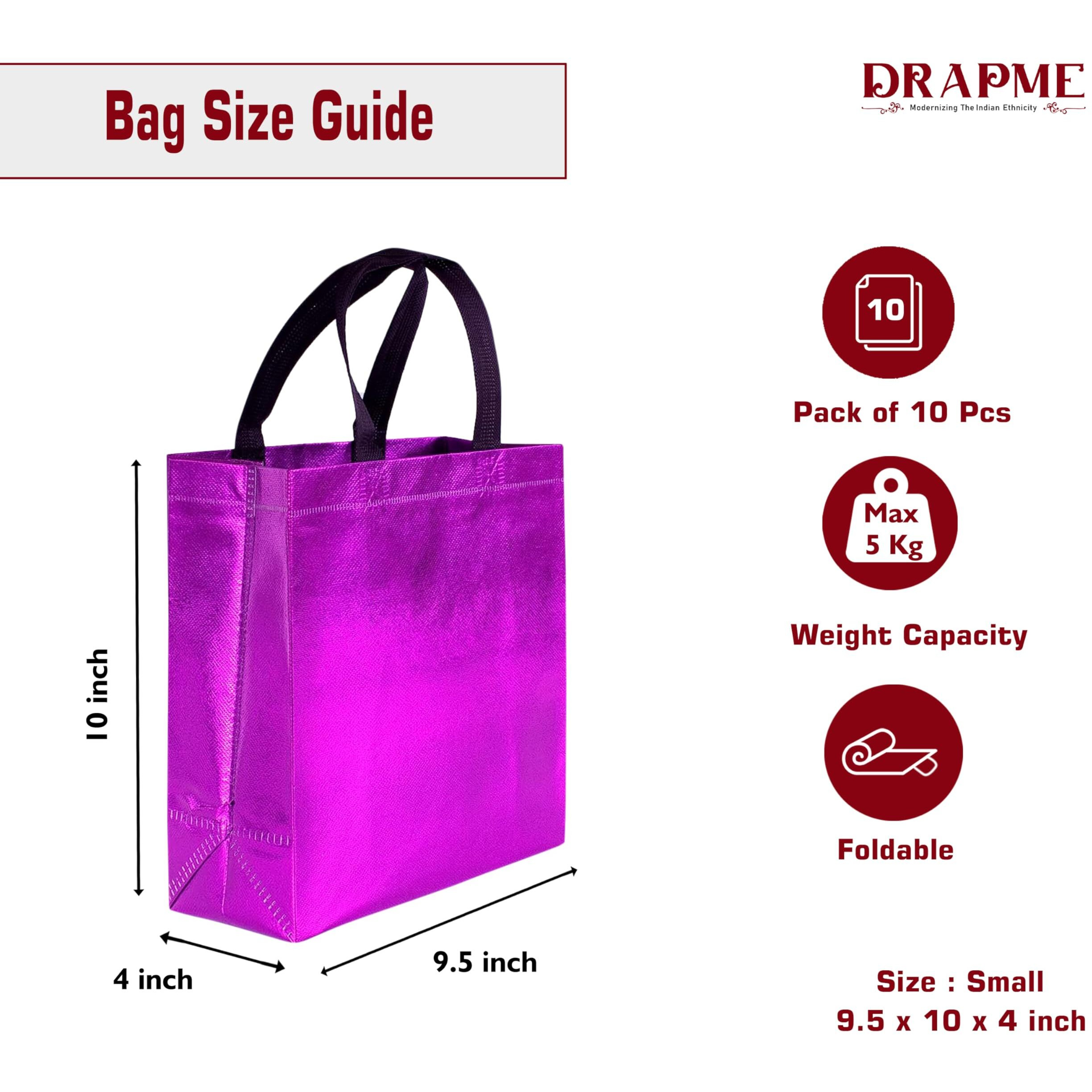 Drapme Small Size Pack Of 10 Pcs Glossy Metallic Laminated Non-Woven Reusable Eco-Friendly Party Return Gift Bags (Hot Pink) (Small 9.5X10X4 Inch)
