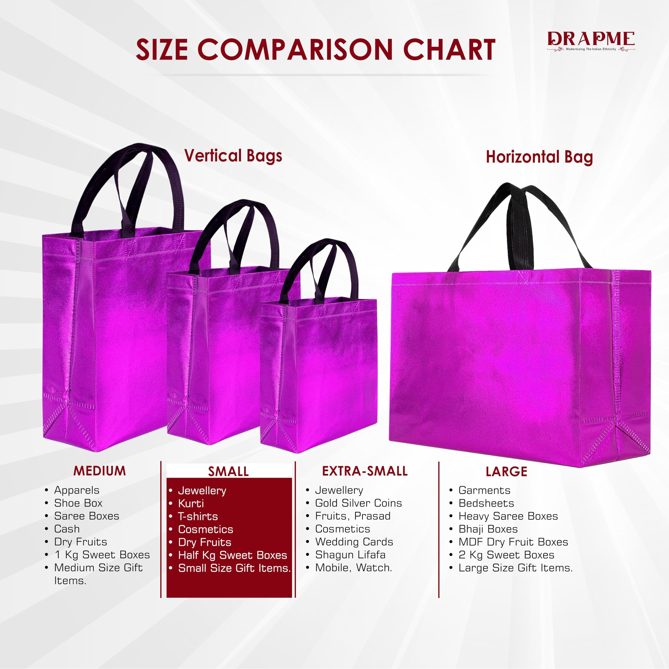 Drapme Small Size Pack Of 10 Pcs Glossy Metallic Laminated Non-Woven Reusable Eco-Friendly Party Return Gift Bags (Hot Pink) (Small 9.5X10X4 Inch)