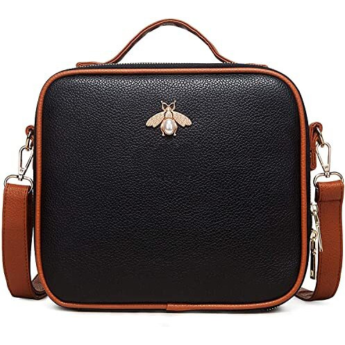 Inovera (Label) Faux Leather Cosmetic Makeup Organizer Kit Storage Professional Travel Toiletry Vanity Bag Organiser With Adjustable Compartment And Shoulder Strap Belt, 26L X 23B X 10H Cm (Black)