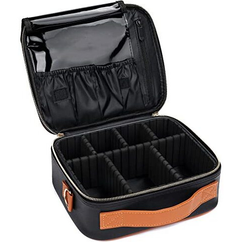 Inovera (Label) Faux Leather Cosmetic Makeup Organizer Kit Storage Professional Travel Toiletry Vanity Bag Organiser With Adjustable Compartment And Shoulder Strap Belt, 26L X 23B X 10H Cm (Black)