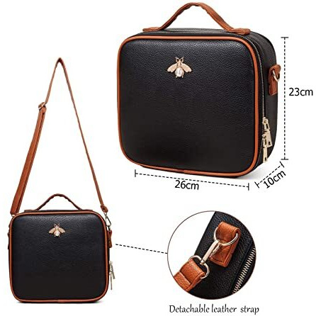 Inovera (Label) Faux Leather Cosmetic Makeup Organizer Kit Storage Professional Travel Toiletry Vanity Bag Organiser With Adjustable Compartment And Shoulder Strap Belt, 26L X 23B X 10H Cm (Black)