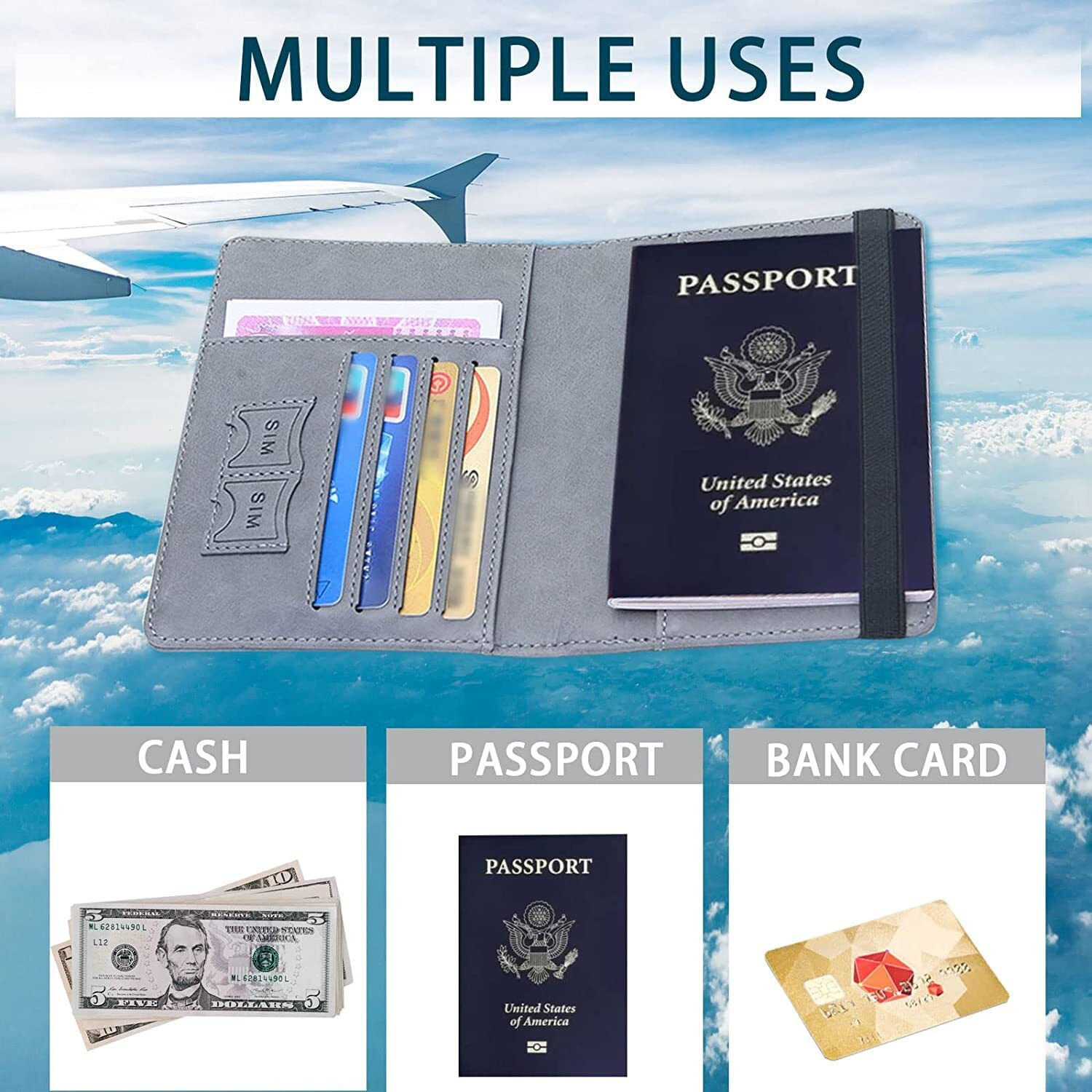 Vogard Slim Leather Travel Passport Wallet Casual Solid Credit Card Holder Money Wallet Id Multifunction Documents Flight License Purse - Grey